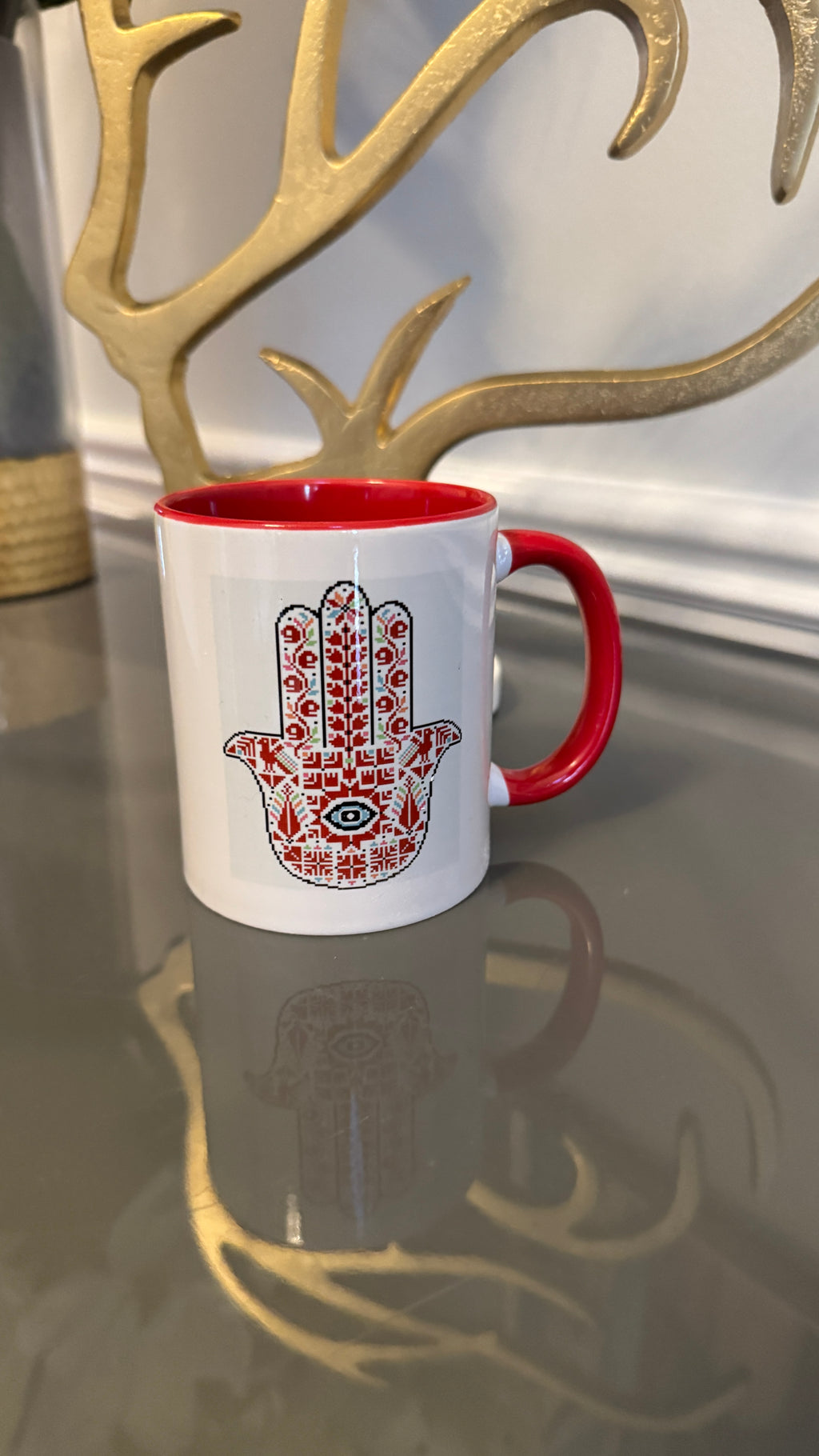 White Mug designed with colorful Fatimah's Hand