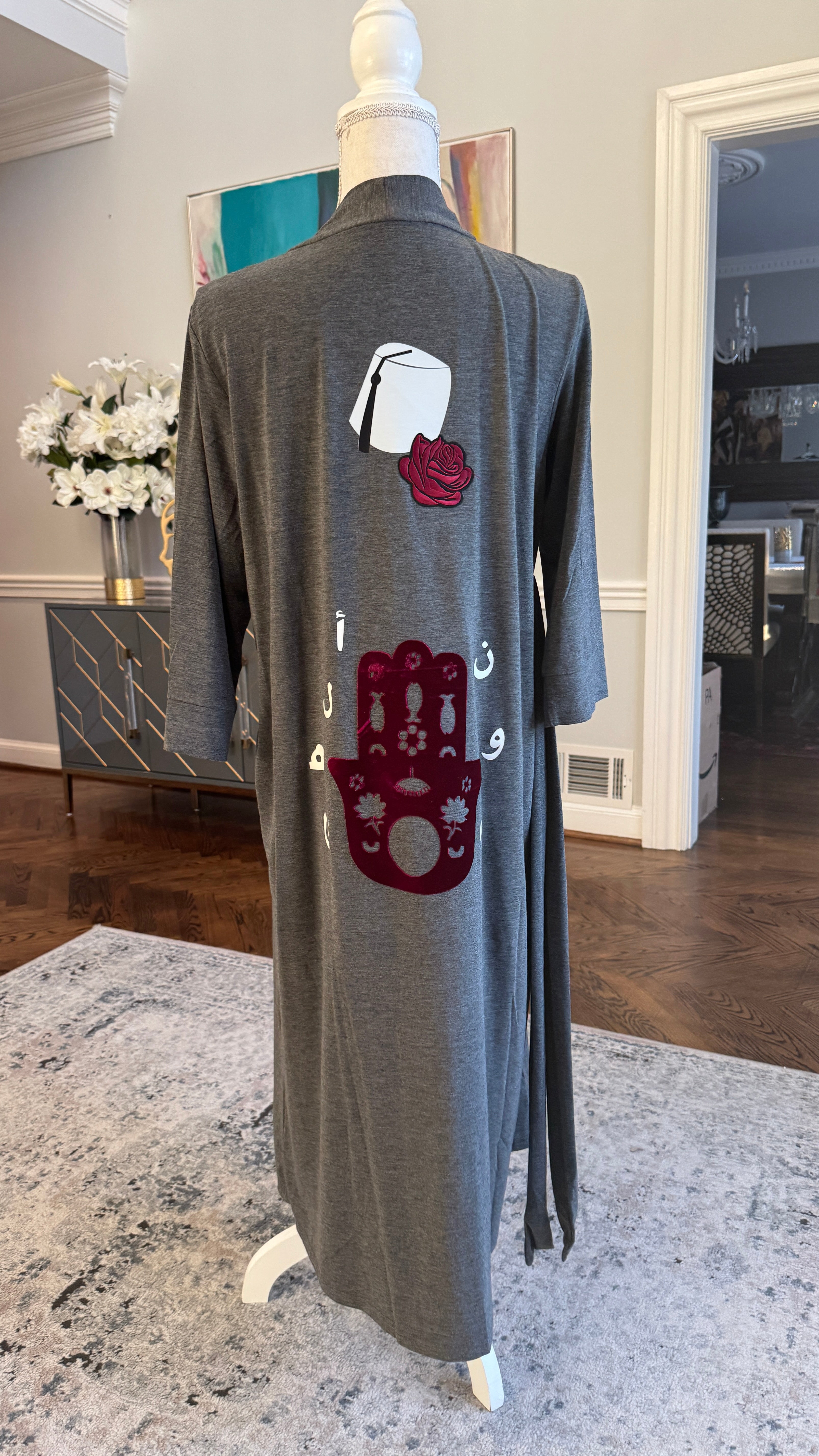 Gray Cotton Rob designed with Velvet Fatima’s hand & Arabic Calligraphy نوم الهنا