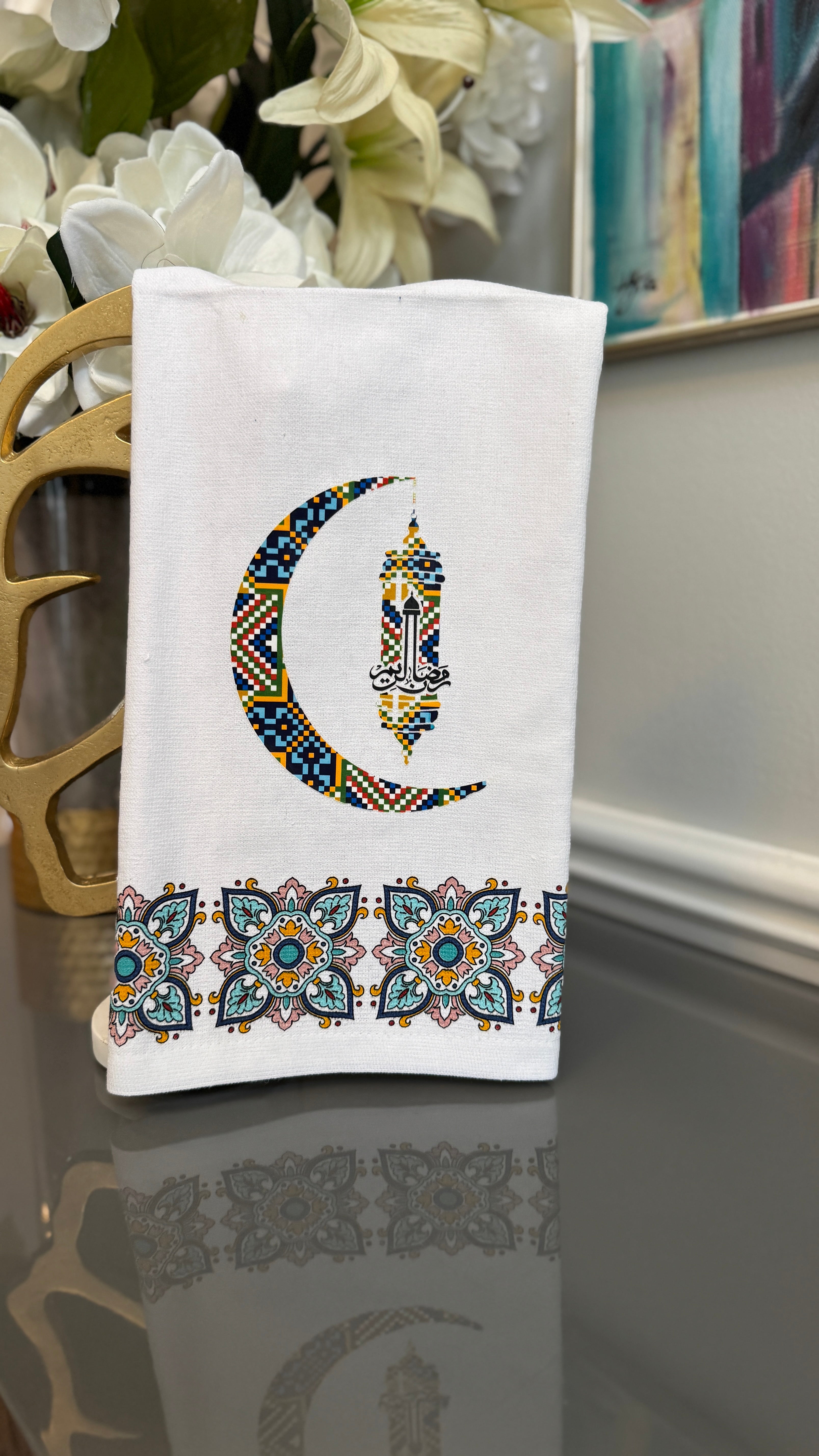 White Arabian mosaic design and Ramadan theme crescent and lantern.