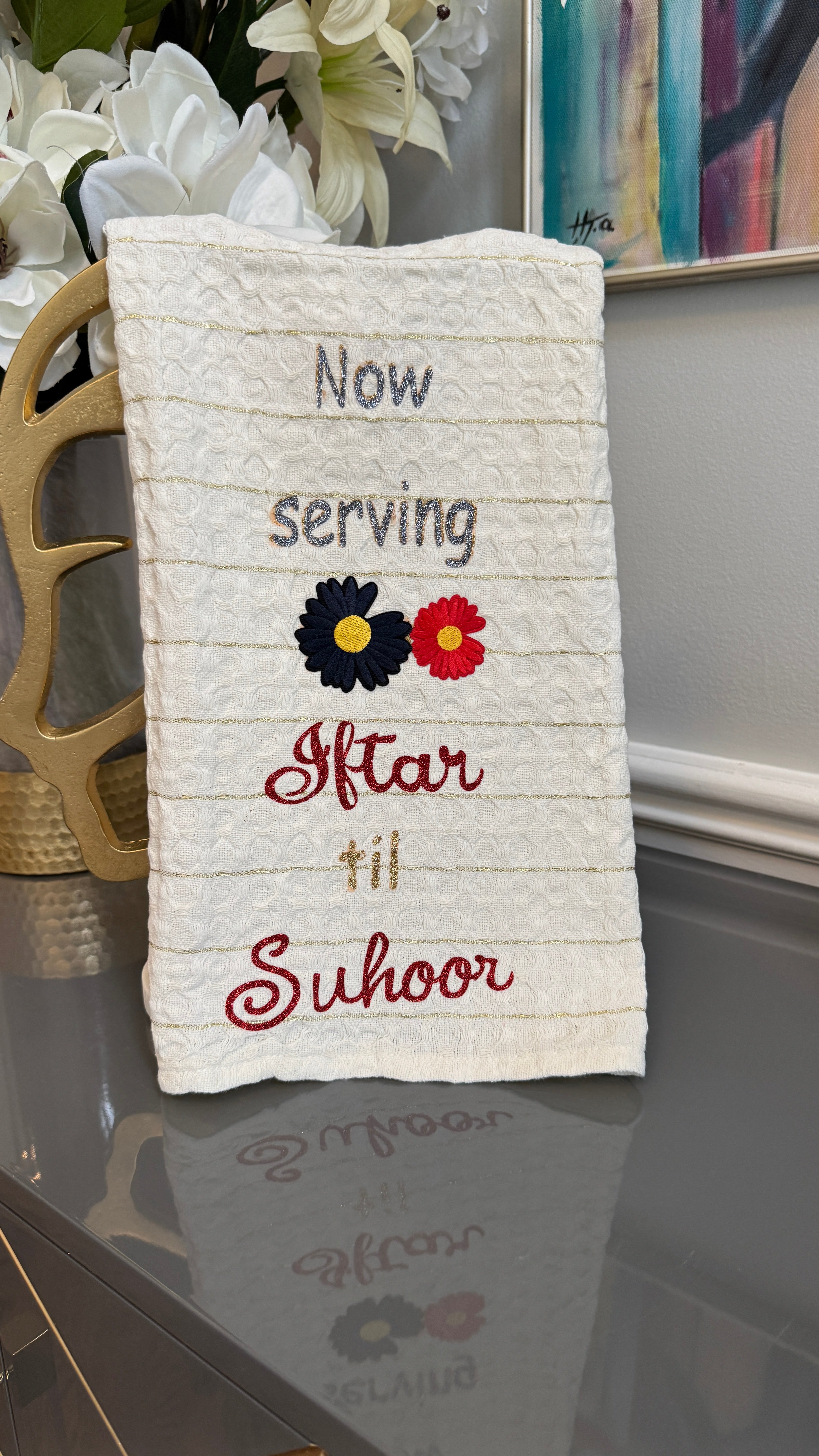 White Towel designed with Ramadan Theme and embroidery flowers.