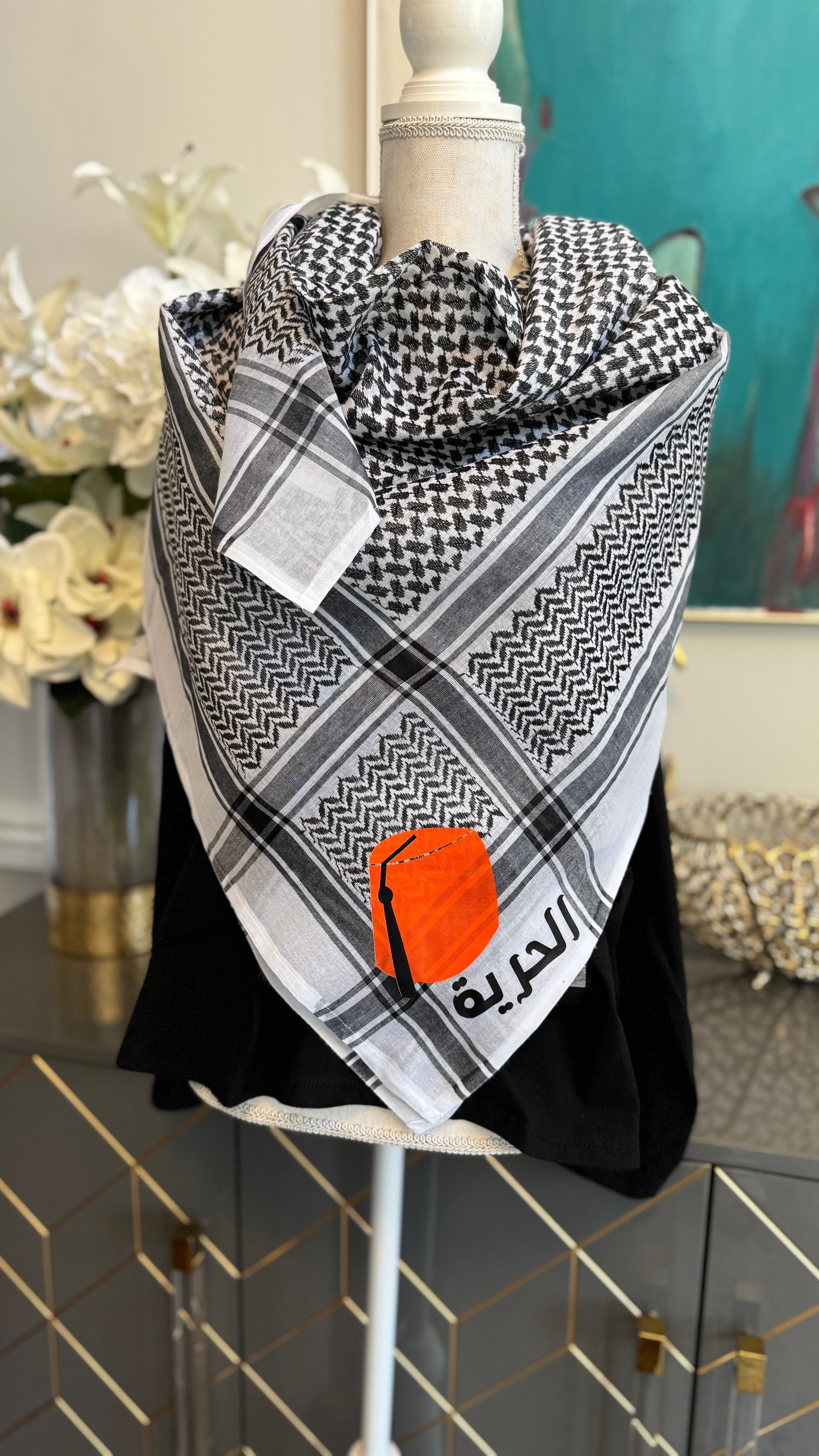 Black & White Keffiyeh, designed on both sides designed with Fez and Arabic Caligraphy الحرية and Sequin flower