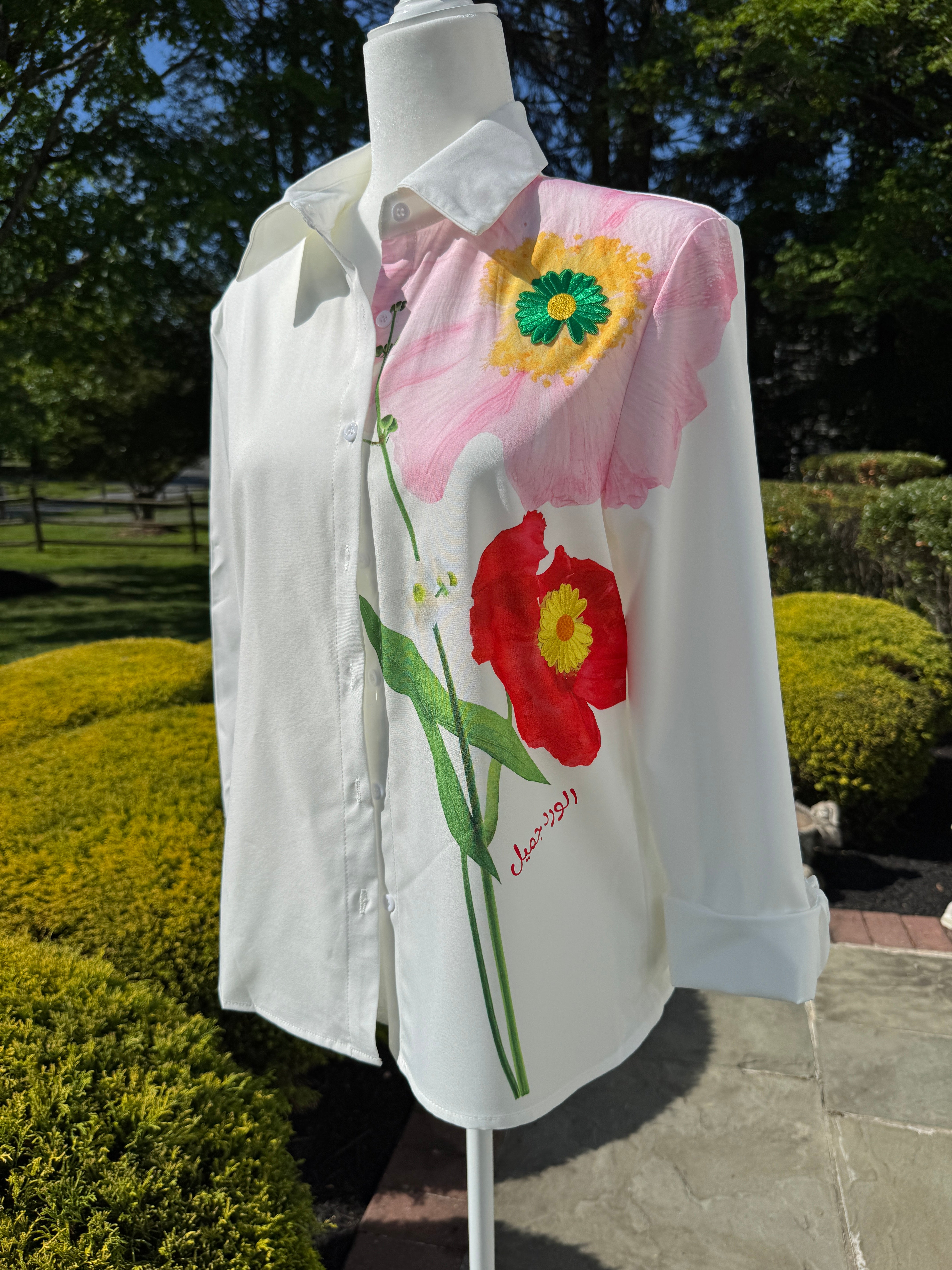 Long Sleeve Floral Print , embroidery motif & Arabic Calligraphy Blouse الورد جميل