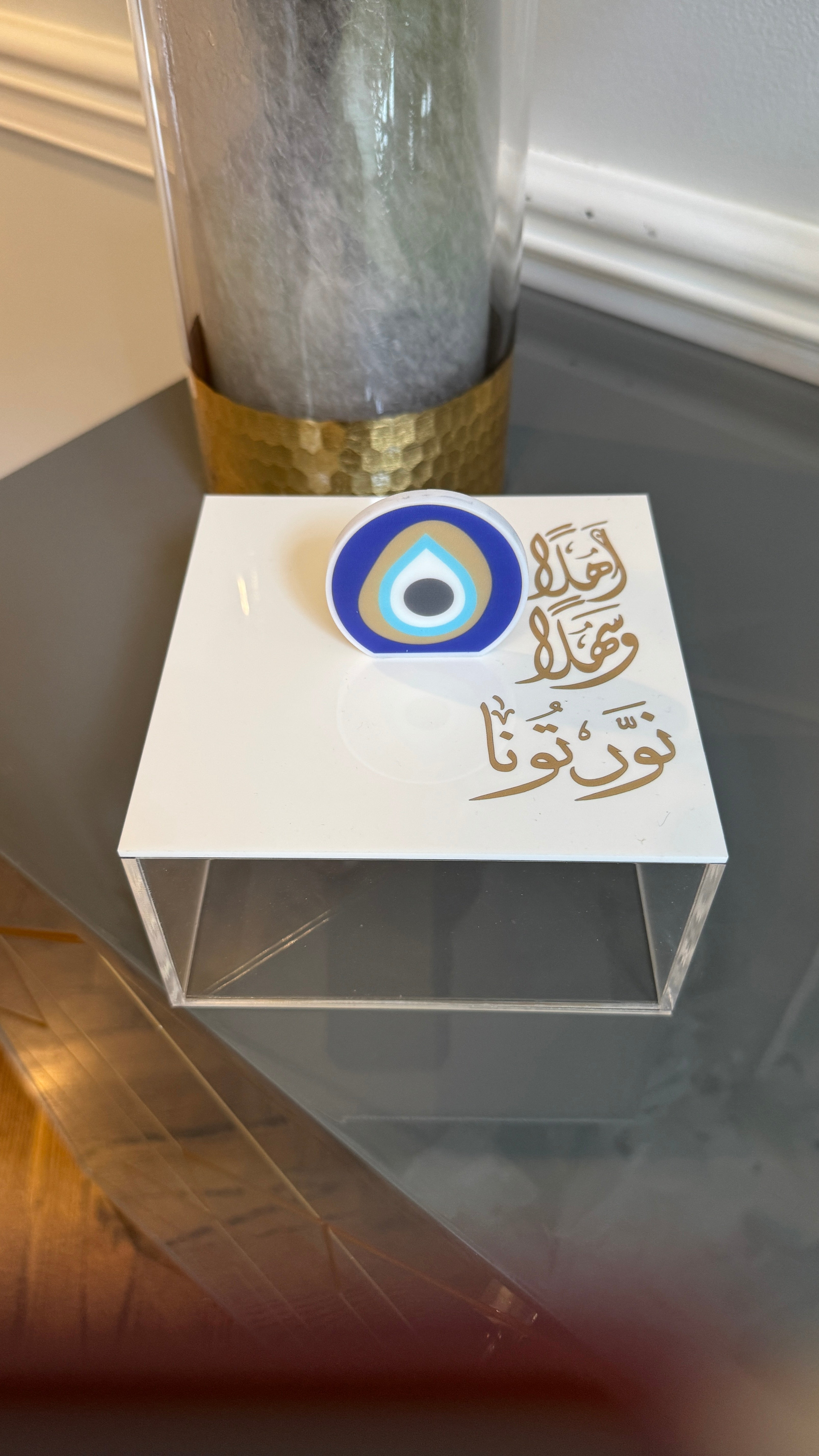 Tear Drop evil eye handle, Plexi Box, Arabic Calligraphy اهلاً وسهلاً نورتونا