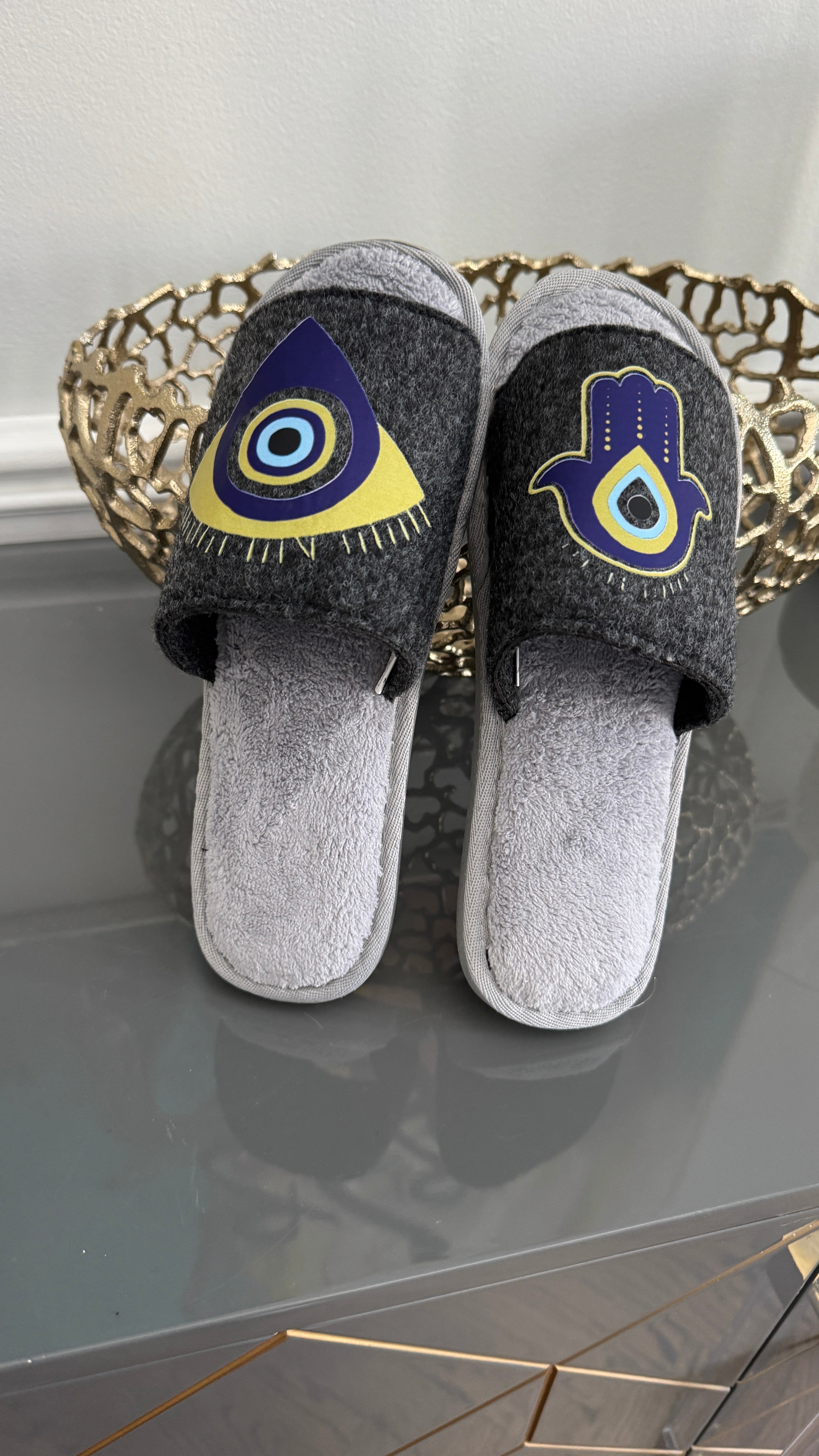 Gray Slip on Slippers. Designed with evil eye and Fatima Hand