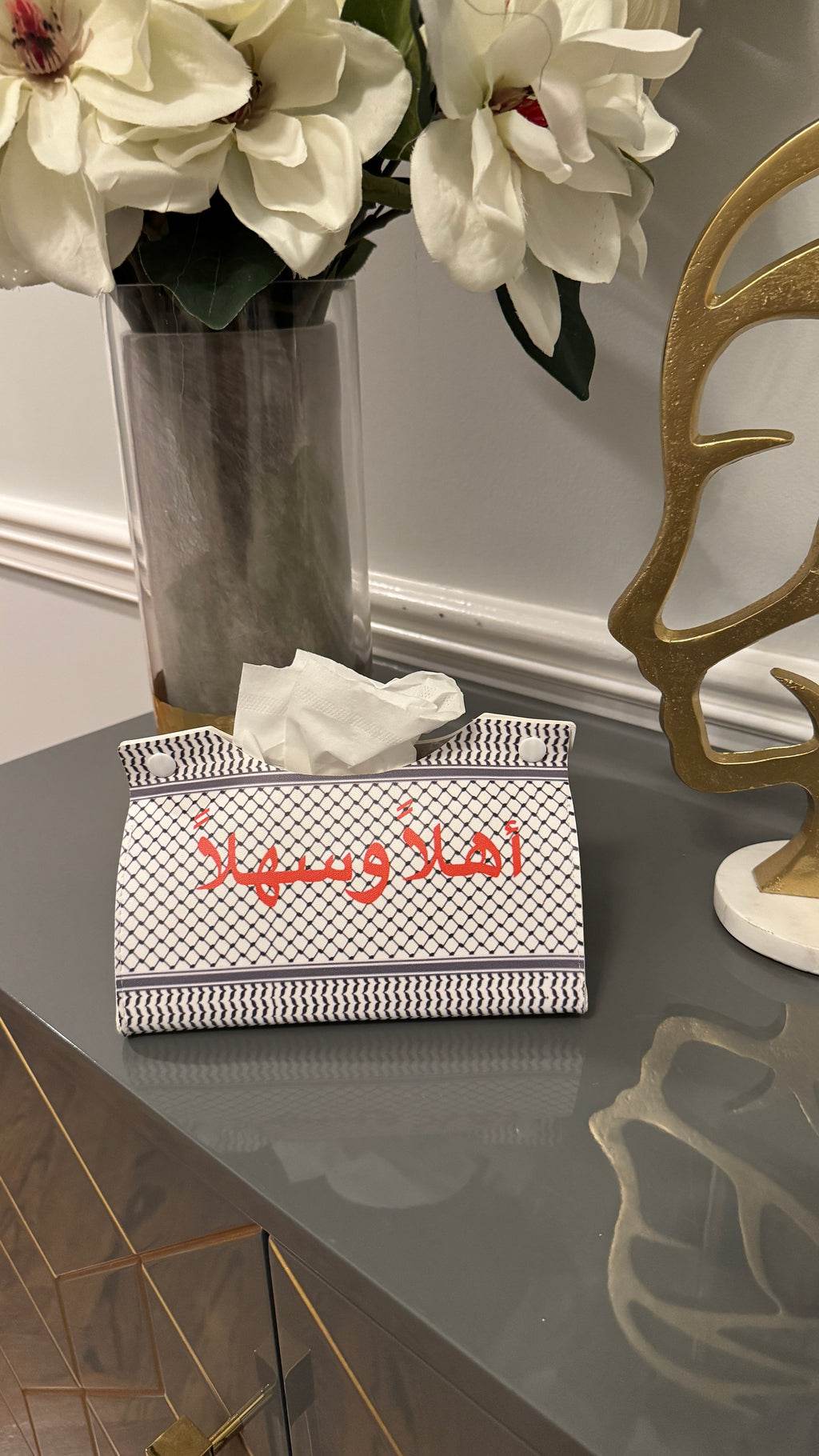 Tissue box cover designed with Keffiyeh Theme & Arabic Calligraphy اهلاً وسهلا