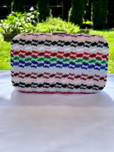 Multi color beaded keffiyeh hard case rectangle clutch, handbag