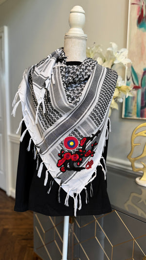 Black & White Keffiyeh, Kuffiyeh, Shemagh designed with embroidery flowers , evil eye and glitter Fatimah Hand motif