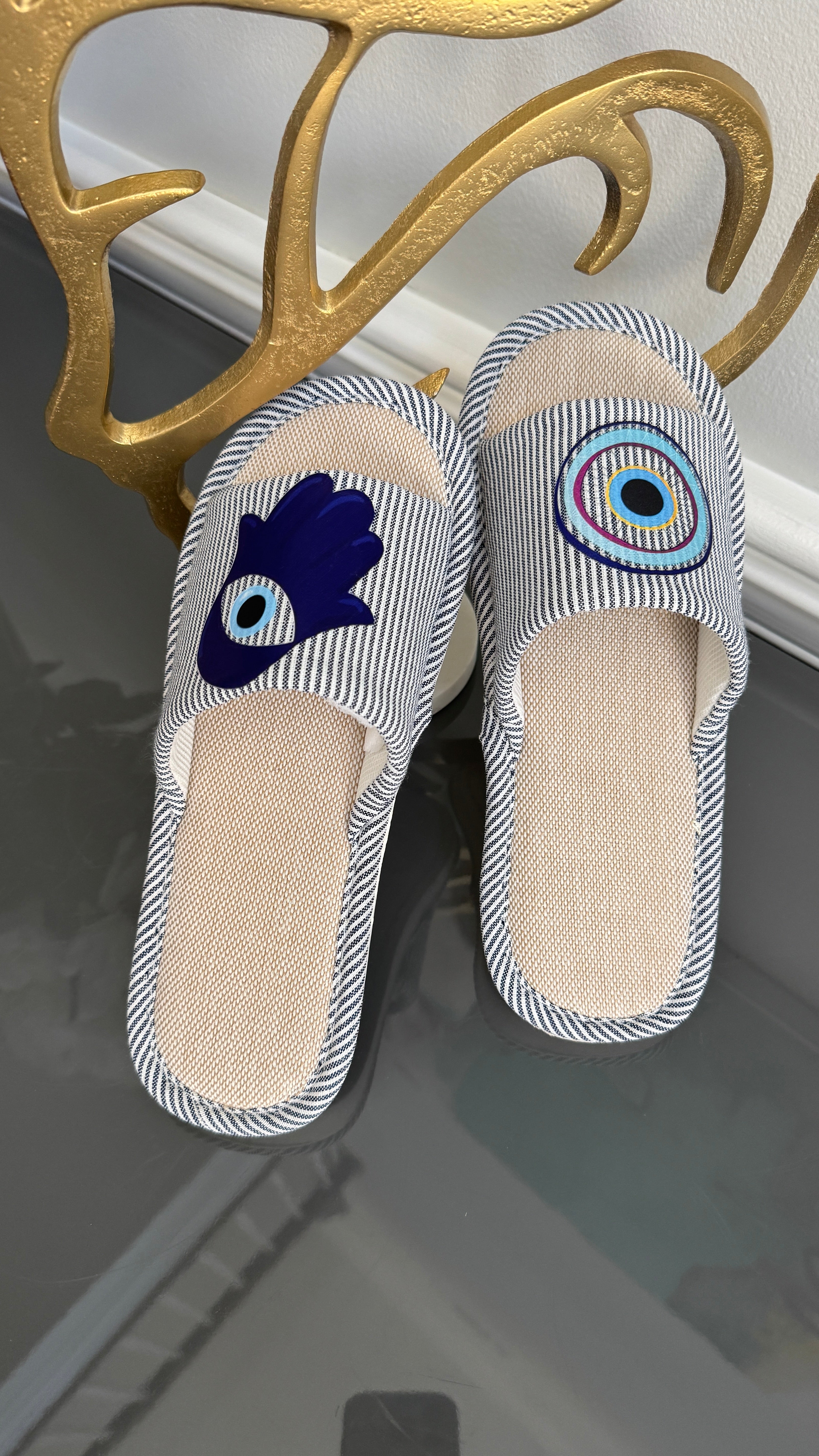 Navy Blue Slip on Slippers. Designed with evil eye and Fatima Hand