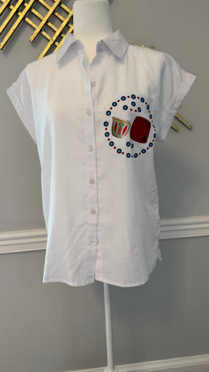 White blouse, top short sleeves evil eye and Fez design