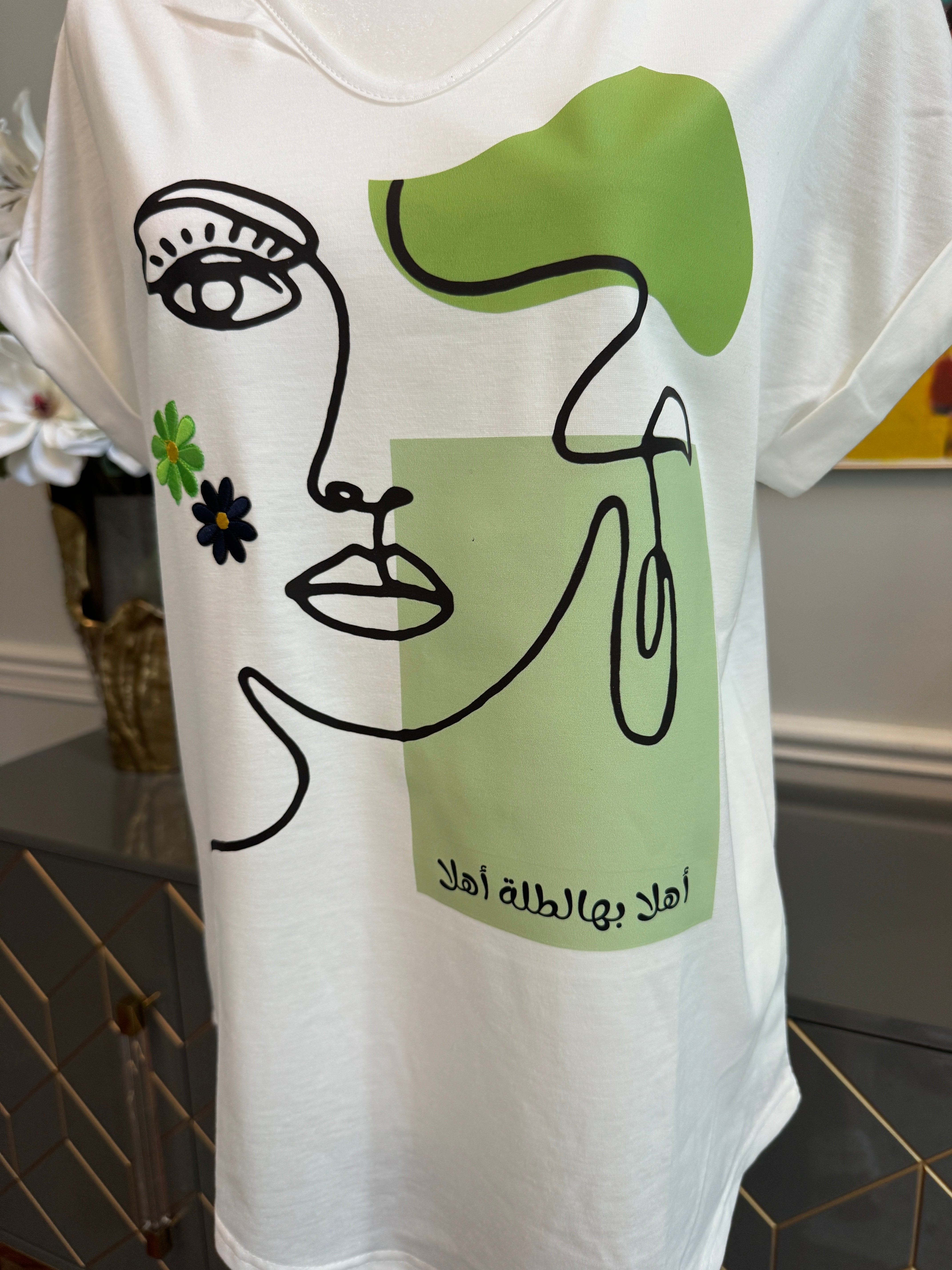 V Neck neck white shirt beauty & Arabic caligraphy Design اهلا بها الطلة اهلا
