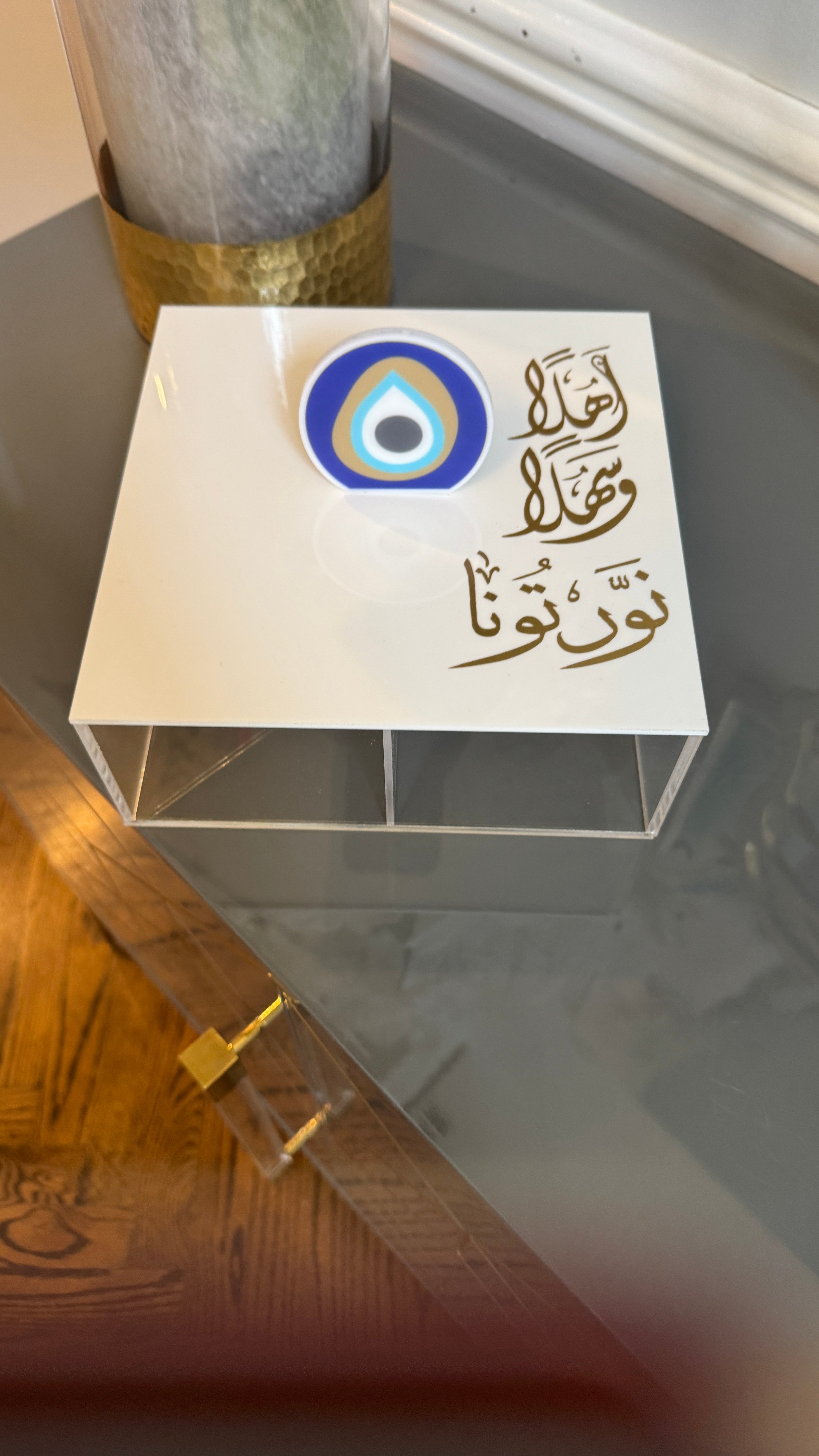 Tear Drop evil eye handle, Plexi Box, Arabic Calligraphy اهلاً وسهلاً نورتونا