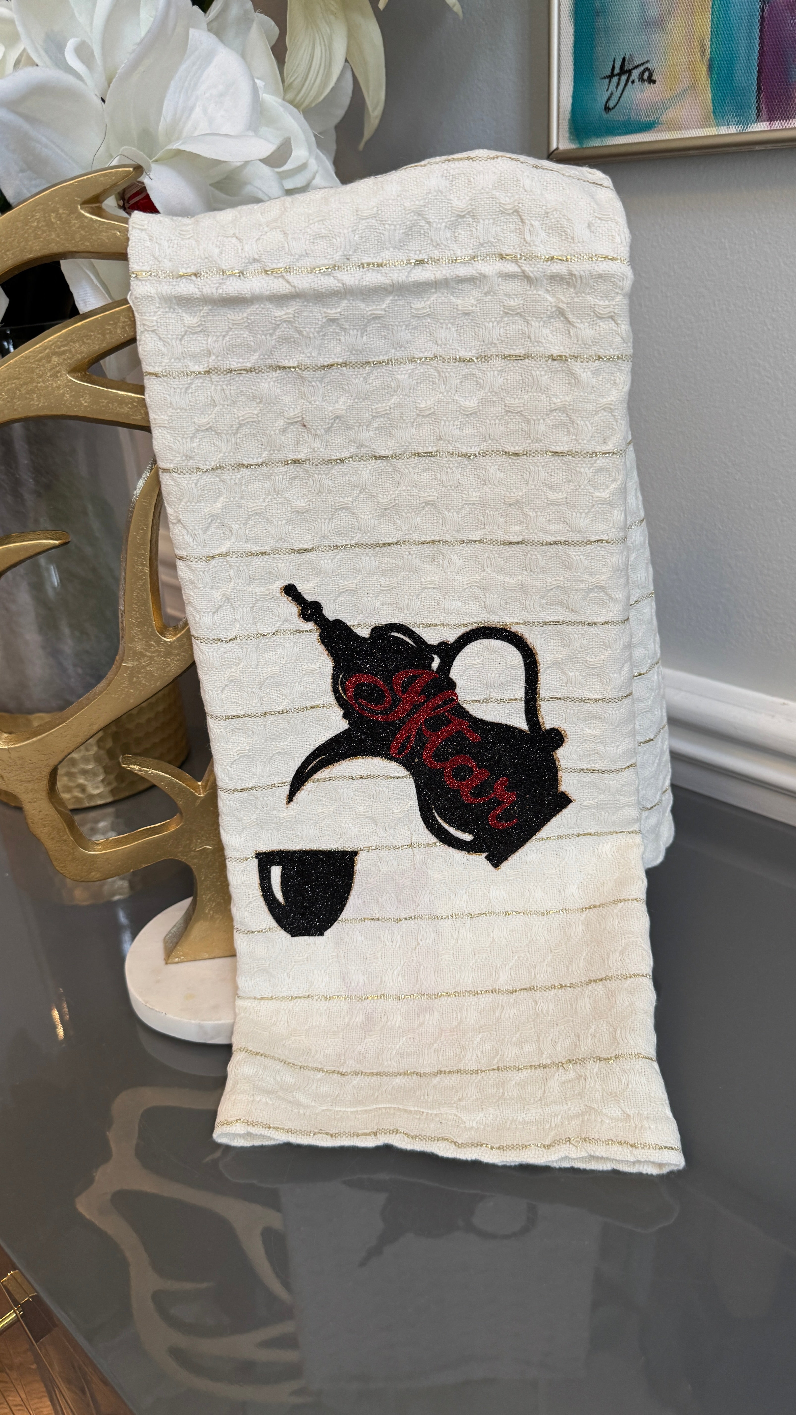 White Towel designed with Kettle & cup theme, Caligraphy Suhoor