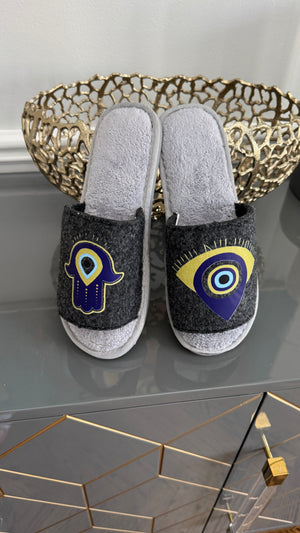 Gray Slip on Slippers. Designed with evil eye and Fatima Hand