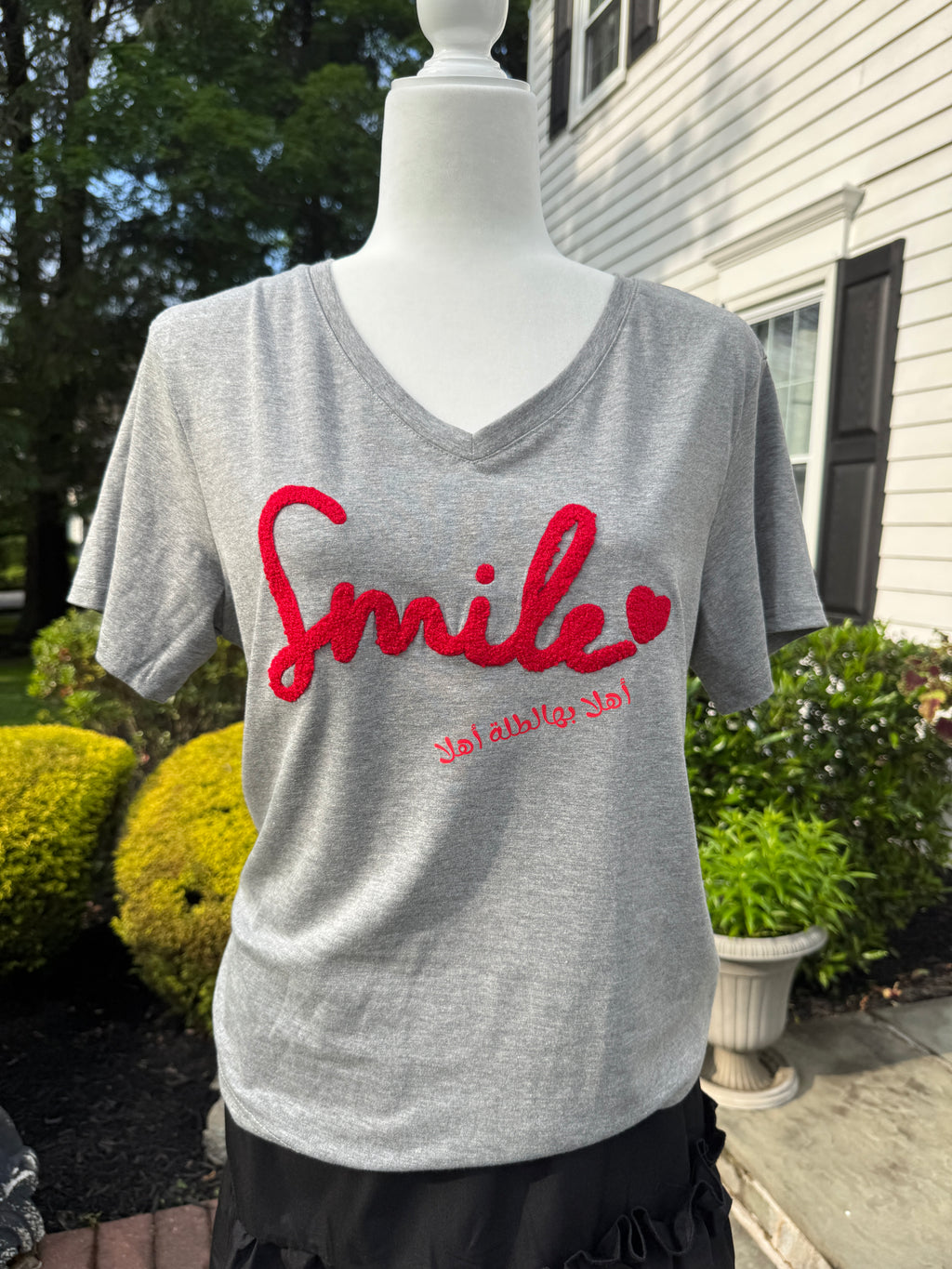 Gray V neck T-shirt with Caligraphy اهلا با هالطلة اهلا