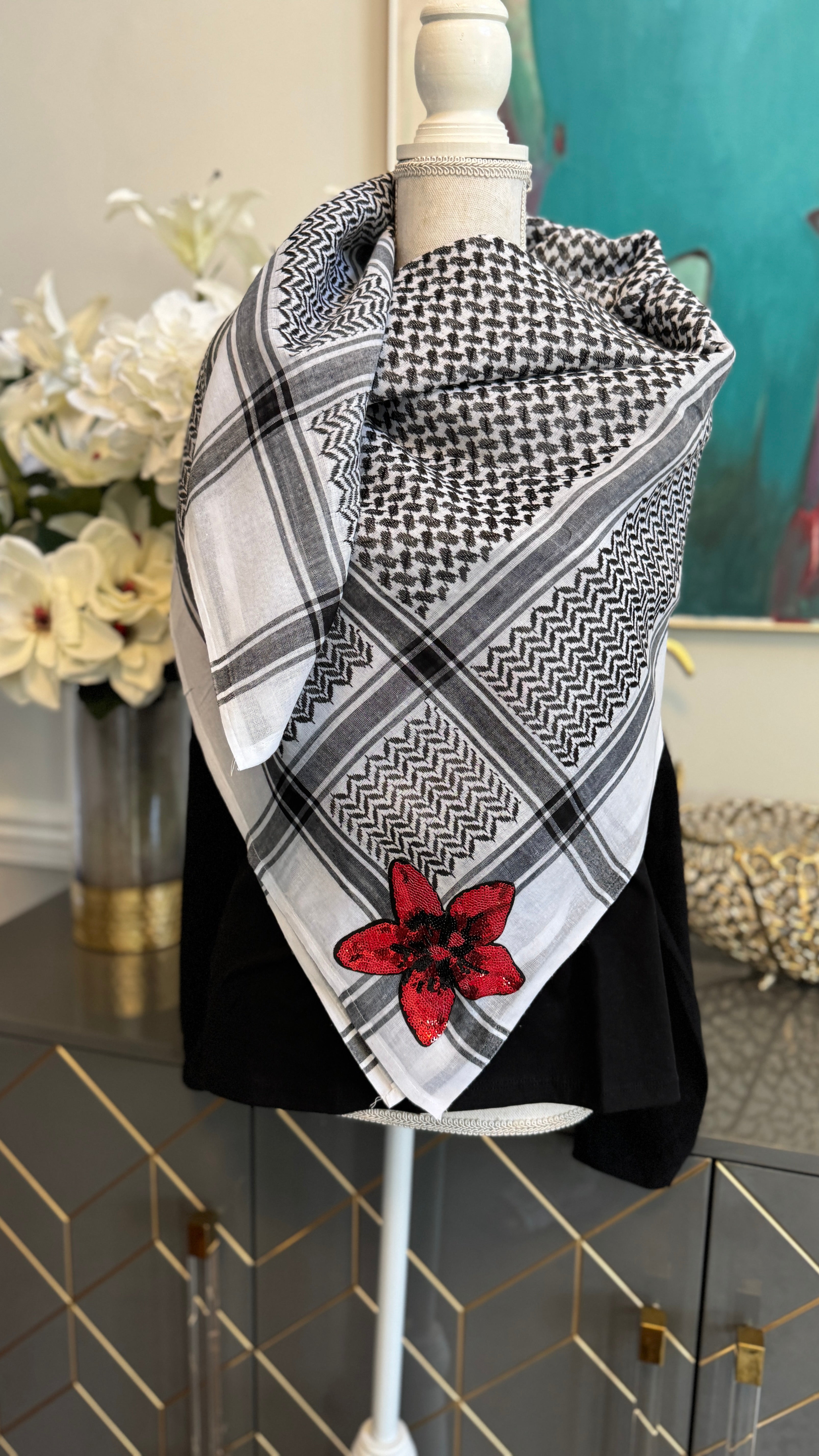 Black & White Keffiyeh, designed on both sides designed with Fez and Arabic Caligraphy الحرية and Sequin flower