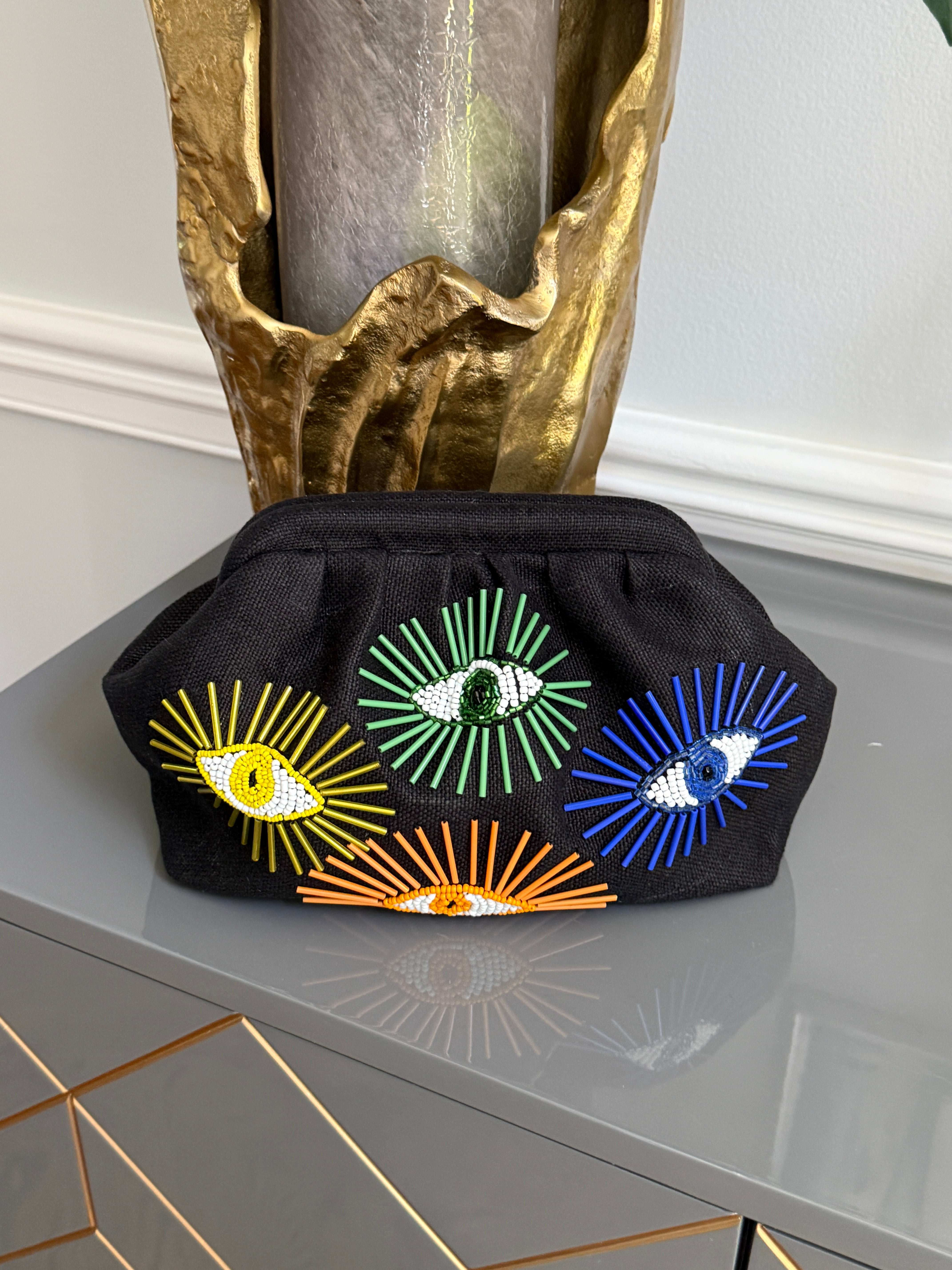 Black Handbag, clutch, purse beaded evil eye design