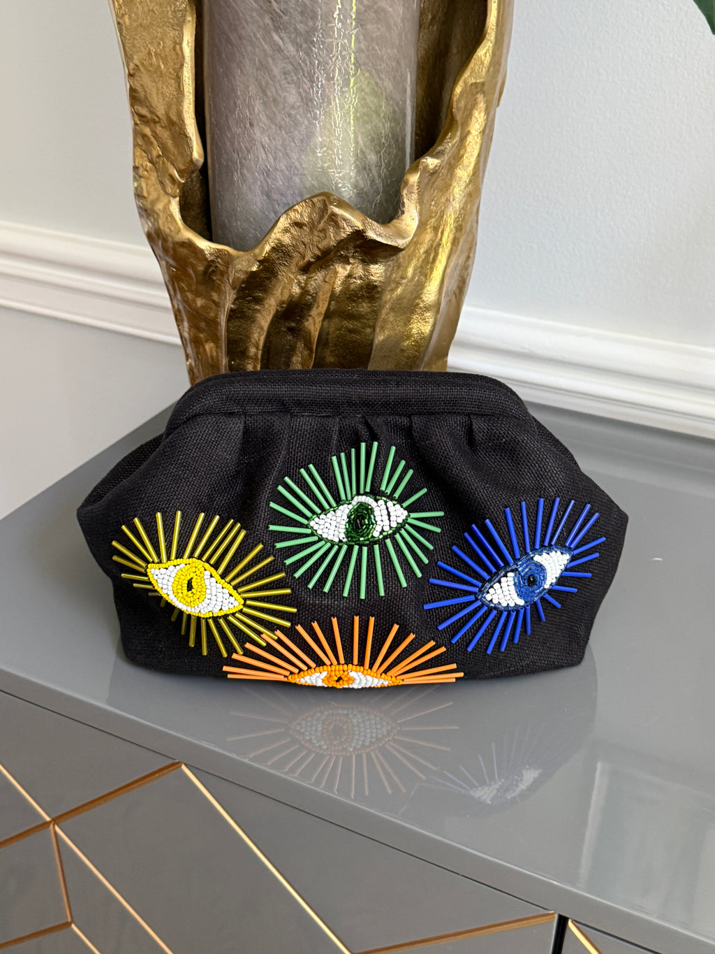 Black Handbag, clutch, purse beaded evil eye design