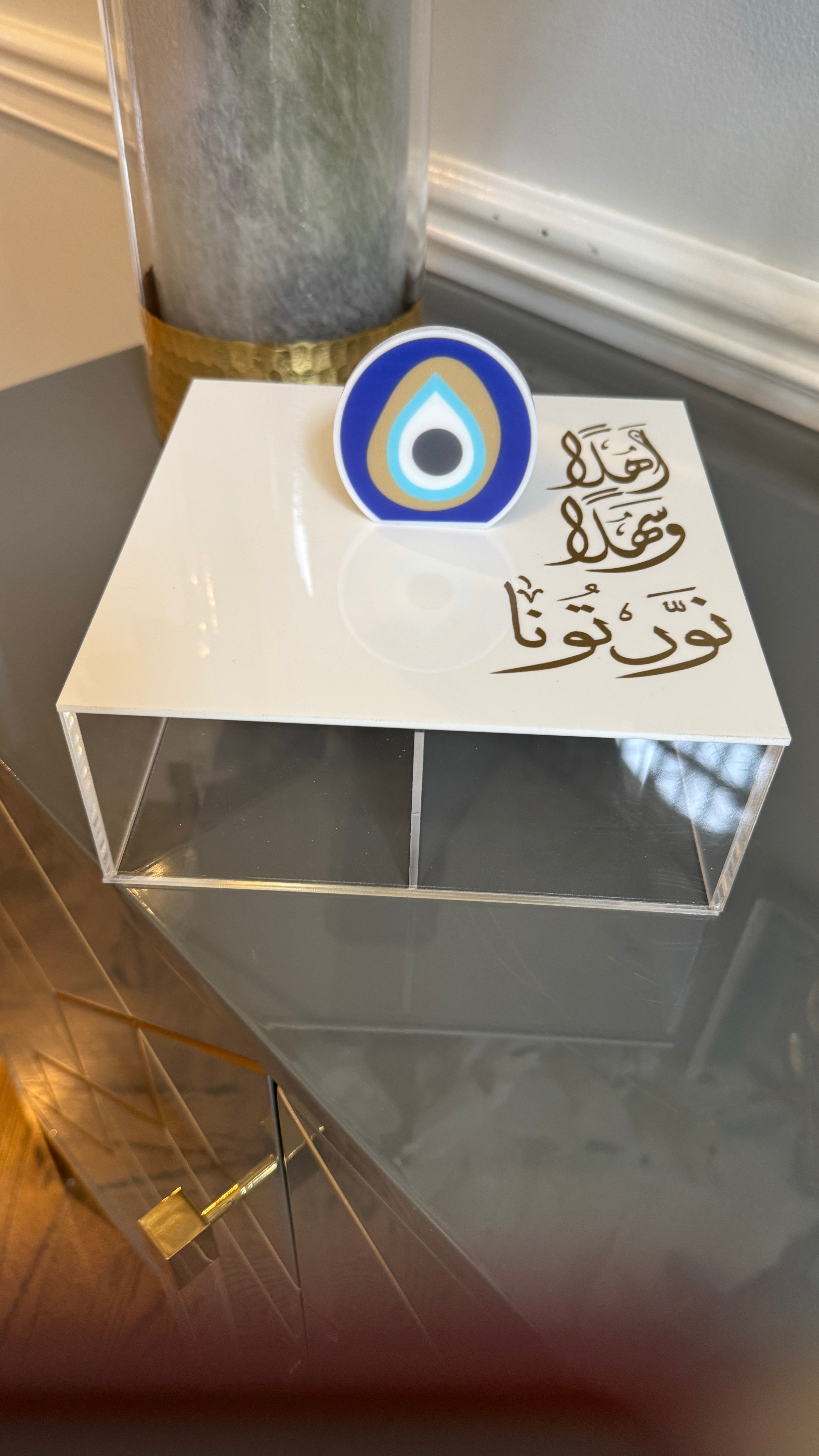 Tear Drop evil eye handle, Plexi Box, Arabic Calligraphy اهلاً وسهلاً نورتونا