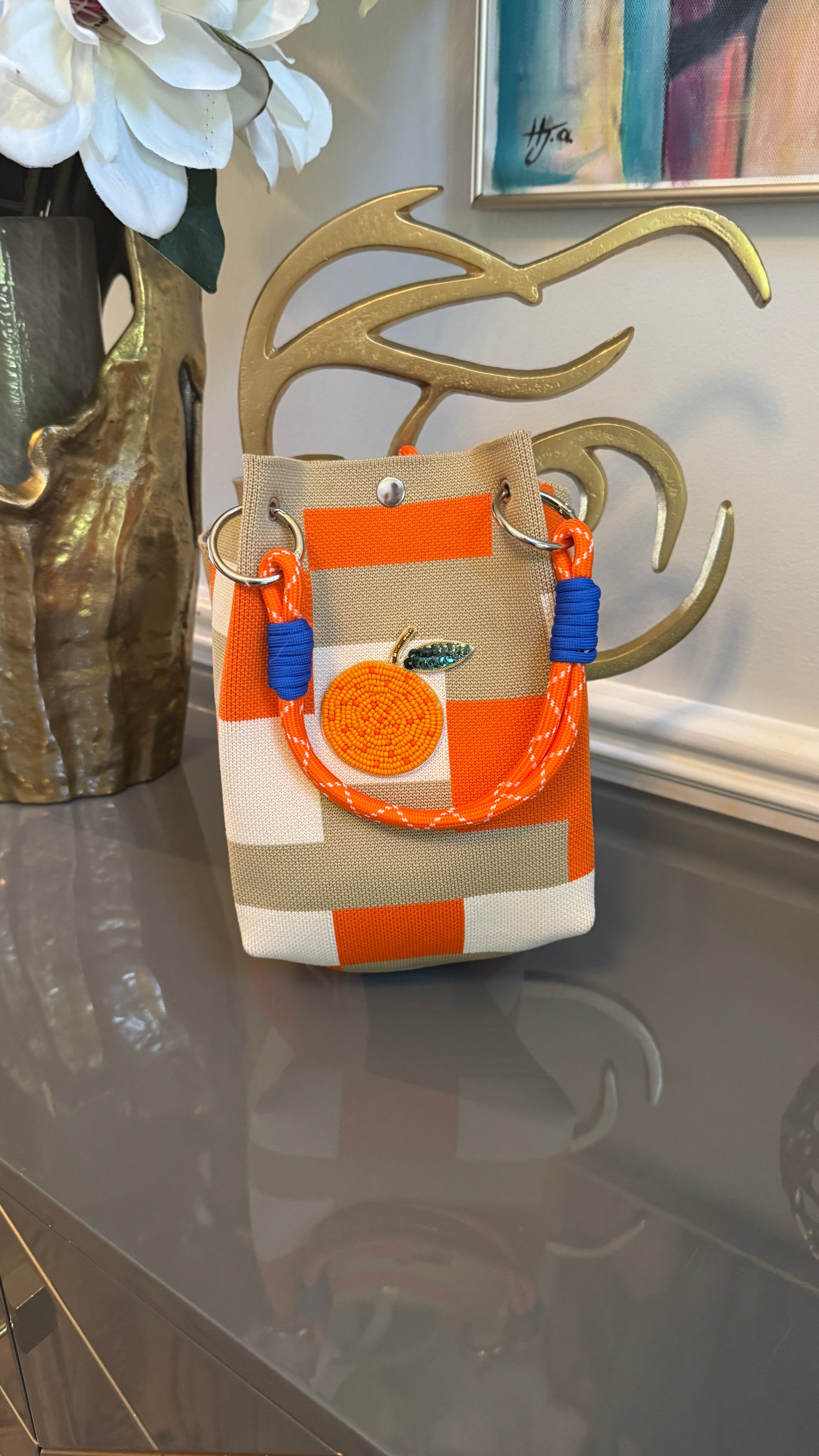 Handbag tote vintage look, retro mixed colors , unique design.