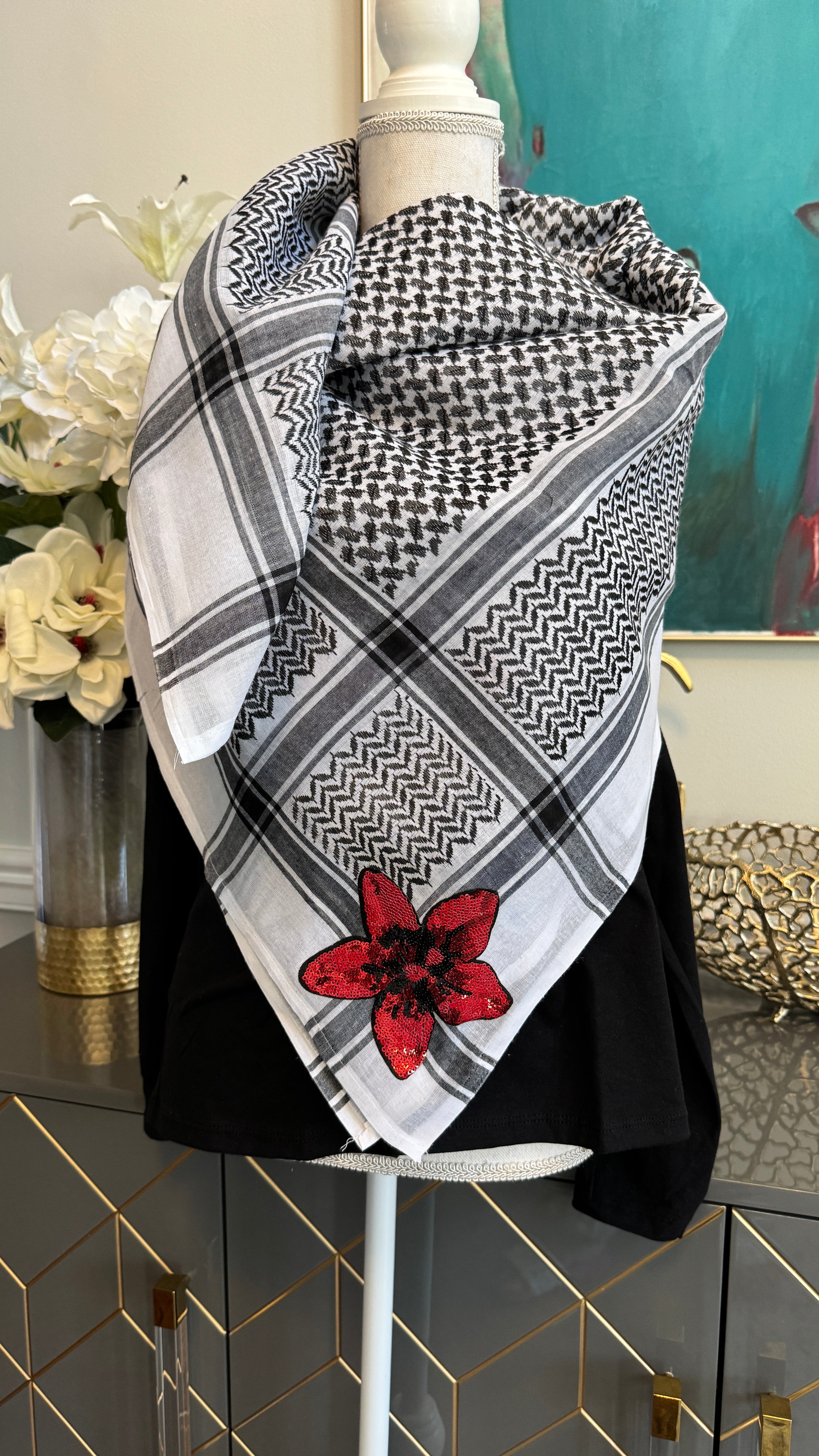 Black & White Keffiyeh, designed on both sides designed with Fez and Arabic Caligraphy الحرية and Sequin flower