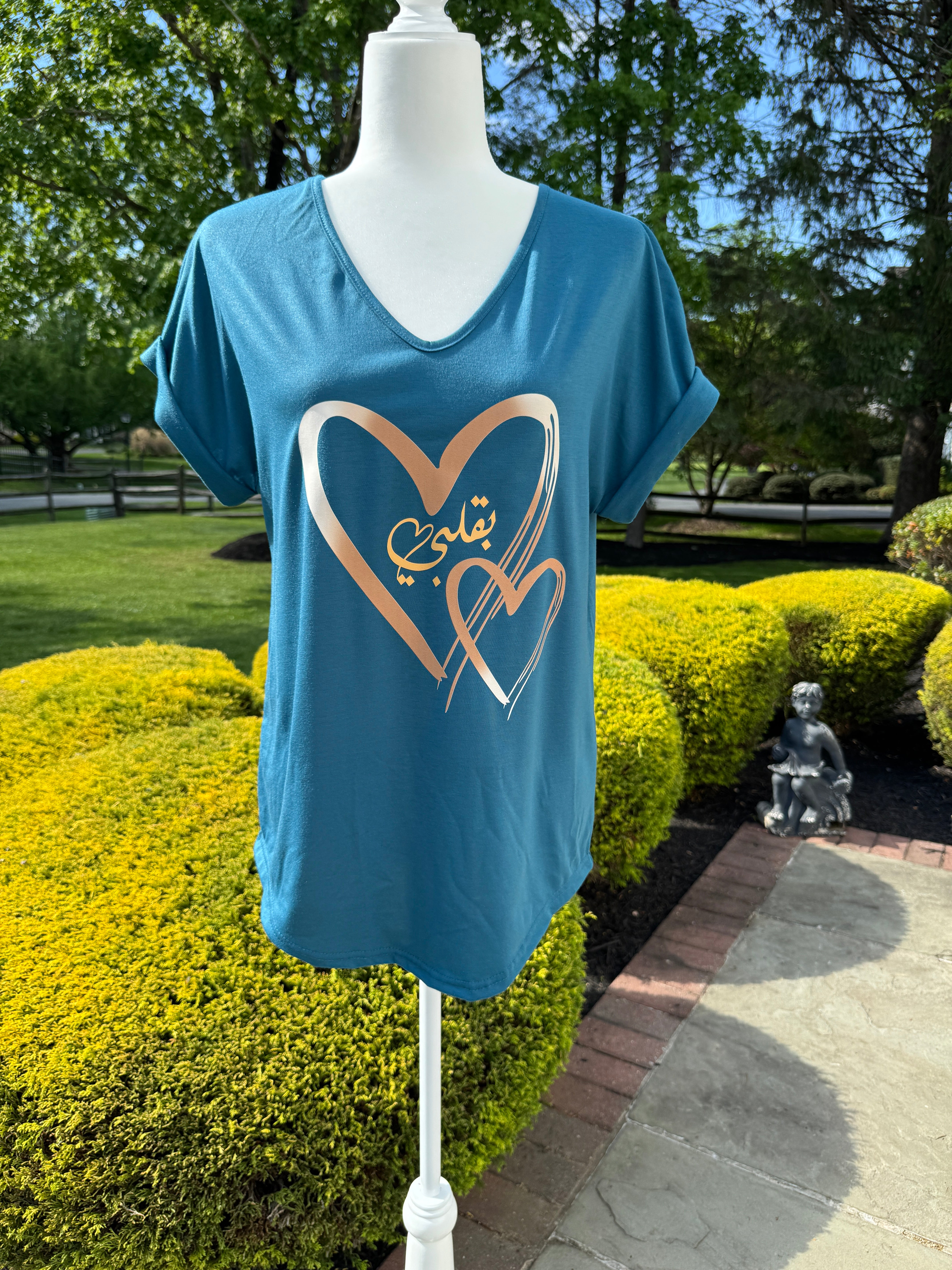 V Neck Teal shirt Cuff heart & Arabic caligraphy Design بقلبي