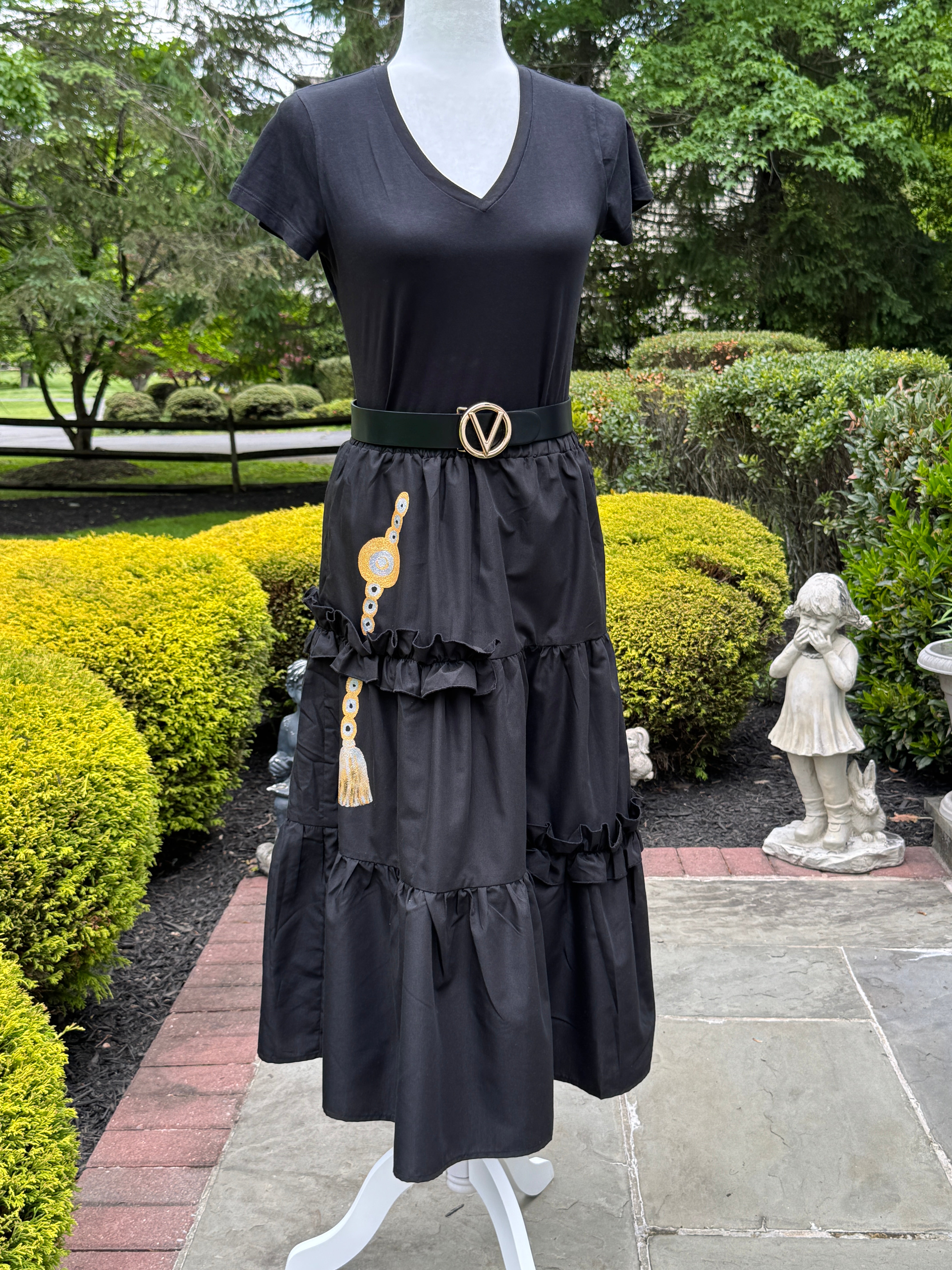 Black long Skirt , frill trim, hand painted.