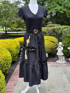 Black long Skirt , frill trim, hand painted.