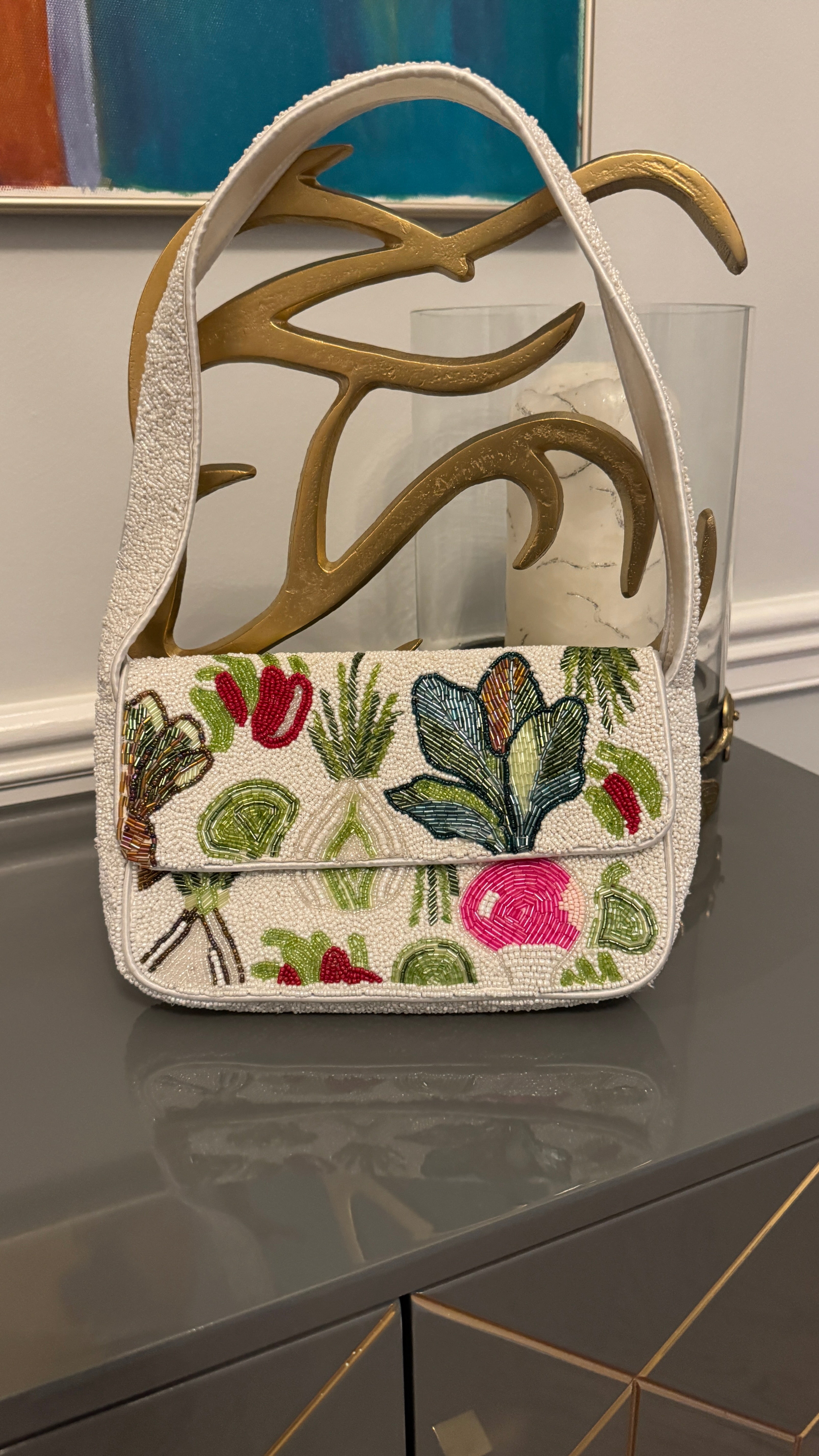 White, Multi color, Beaded clutch