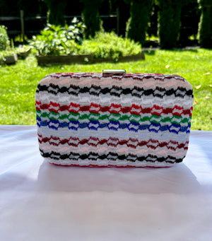 Multi color beaded keffiyeh hard case rectangle clutch, handbag