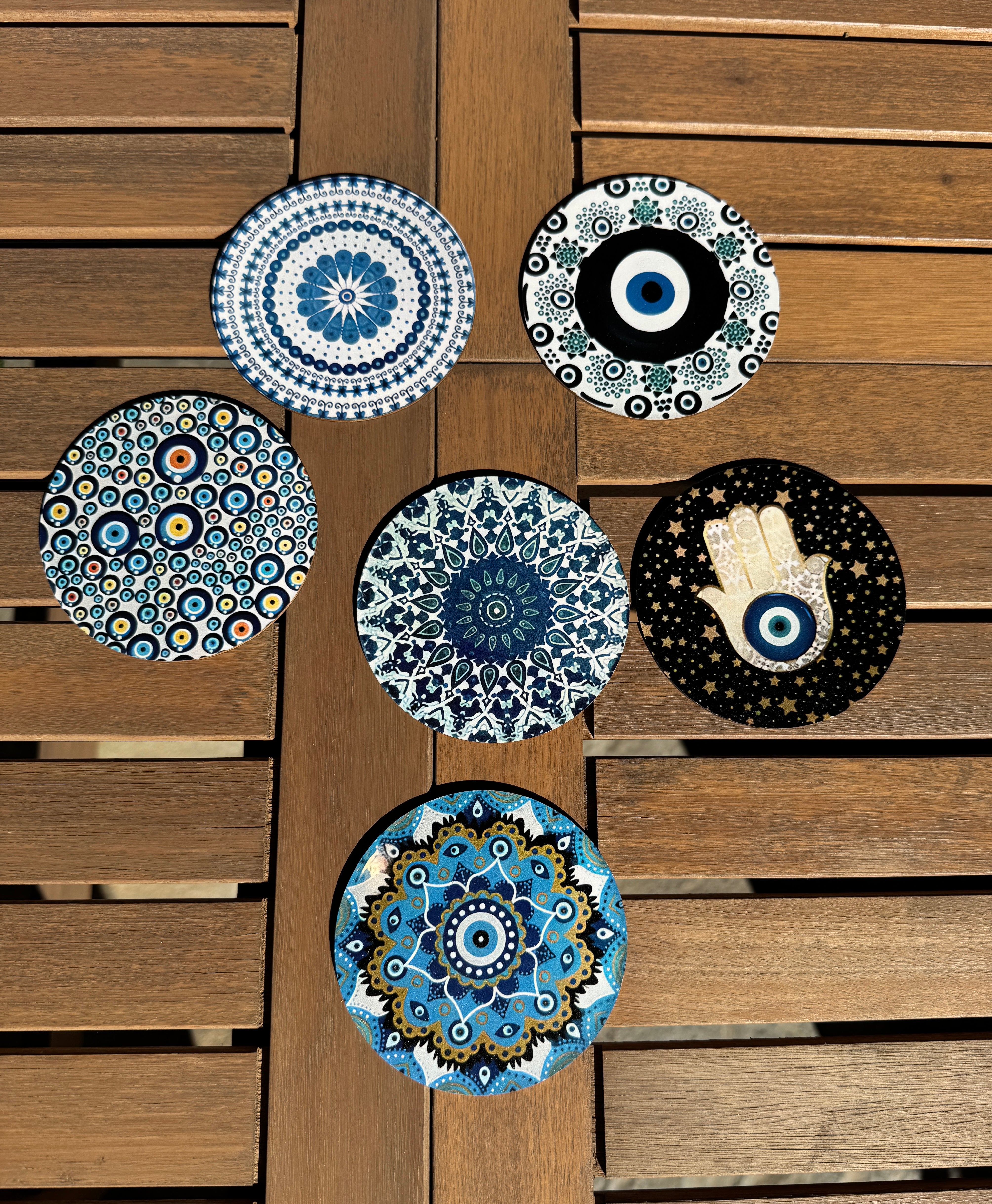 Set of Six wooden coasters hand painted, abstract evil eye theme