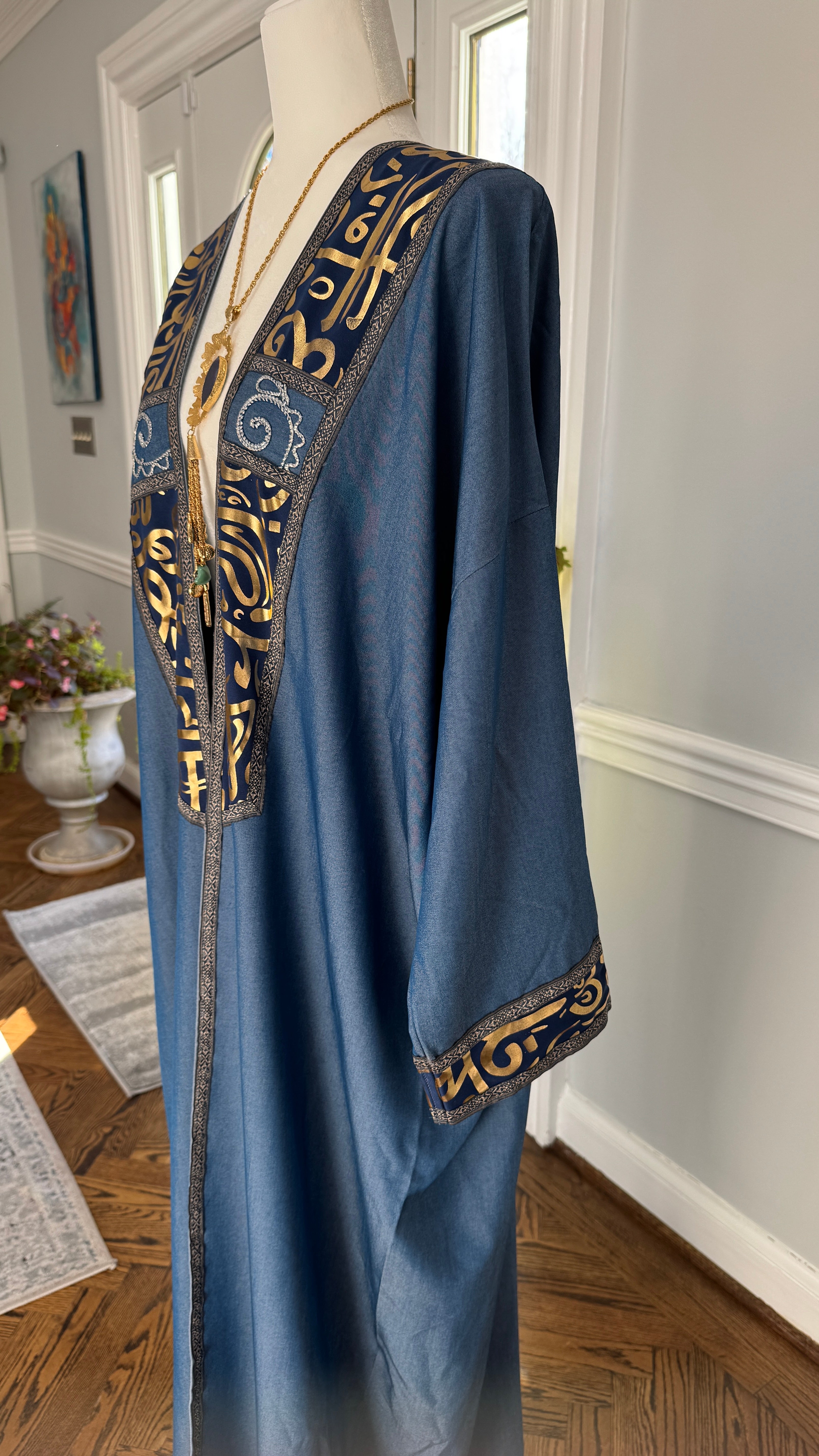 Blue Denim Open caftan embroidery Arabic Caligraphy design .