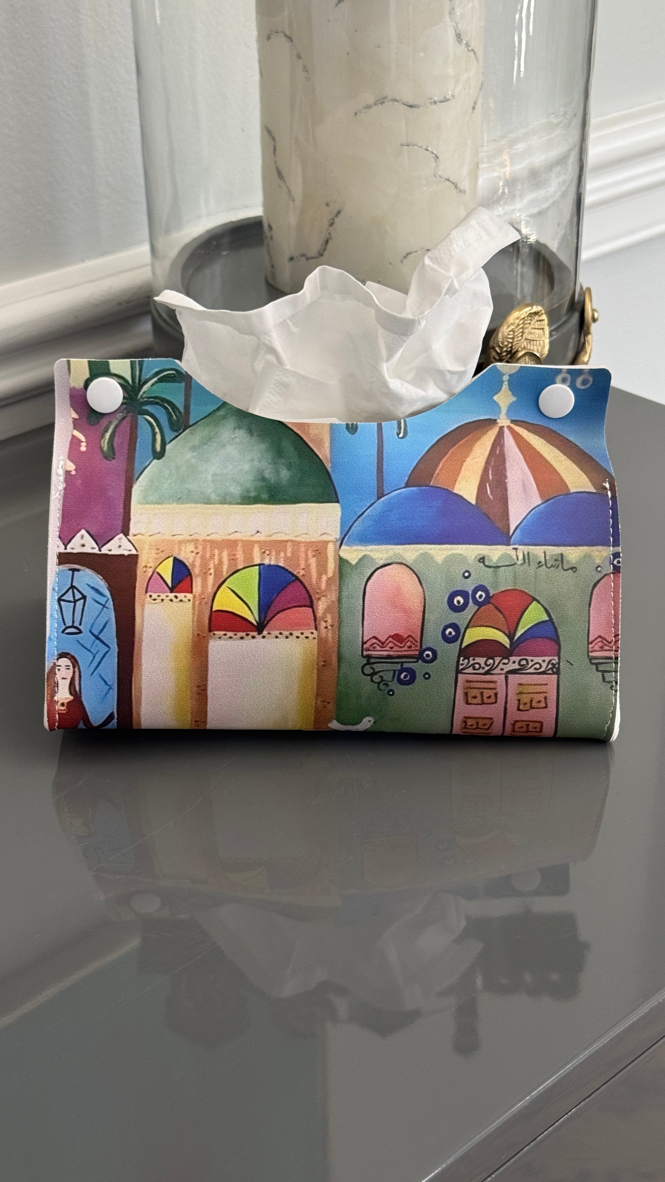 Tissue box cover designed with Middle Eastern Theme and Arabic Caligraphy ماشاءالله