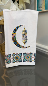 White Arabian mosaic design and Ramadan theme crescent and lantern.