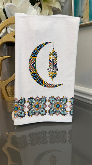 White Arabian mosaic design and Ramadan theme crescent and lantern.