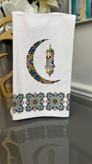 White Arabian mosaic design and Ramadan theme crescent and lantern.