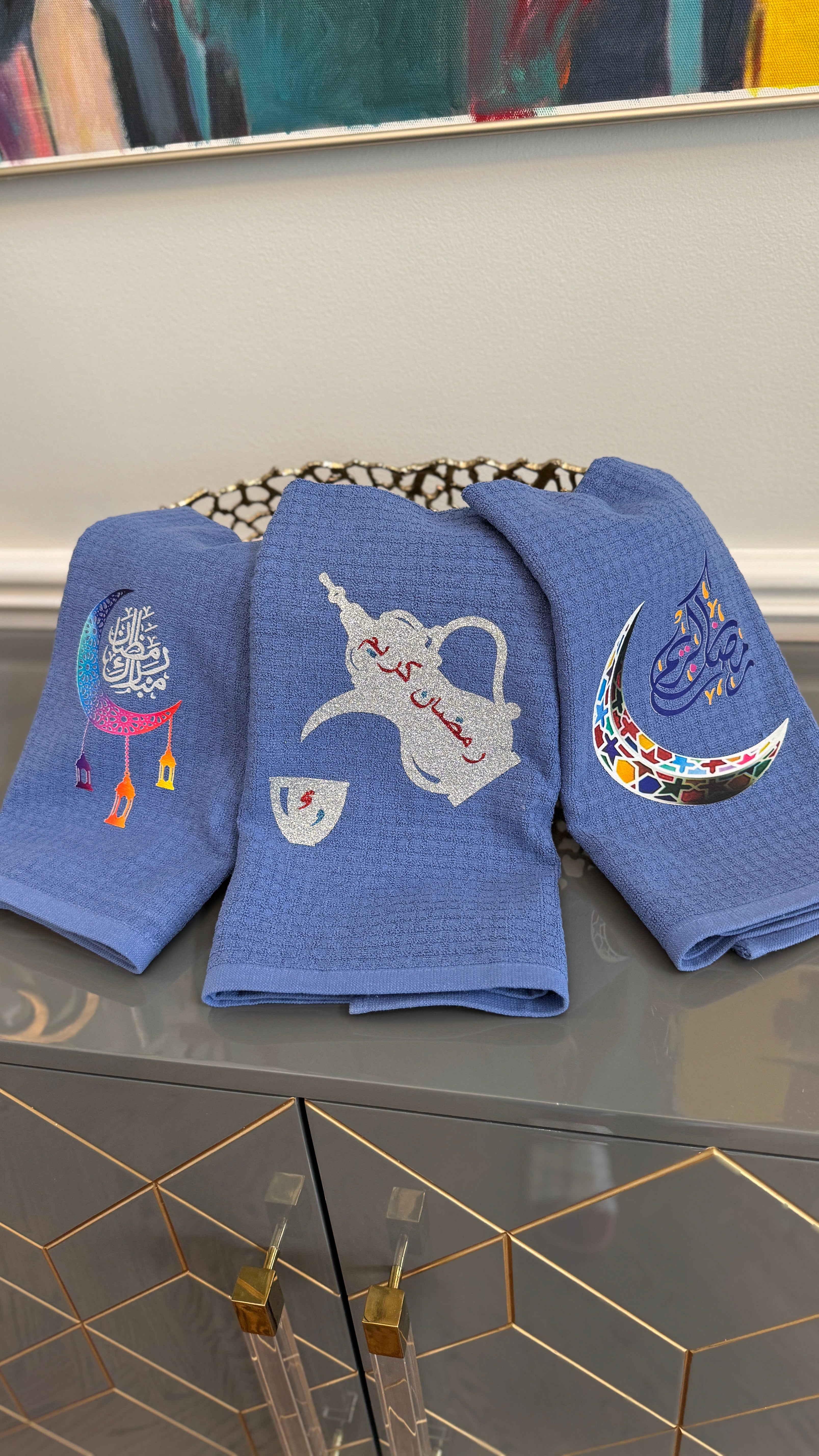 Blue towel with Arabic Calligraphy رمضان كريم  kettle and cup theme.