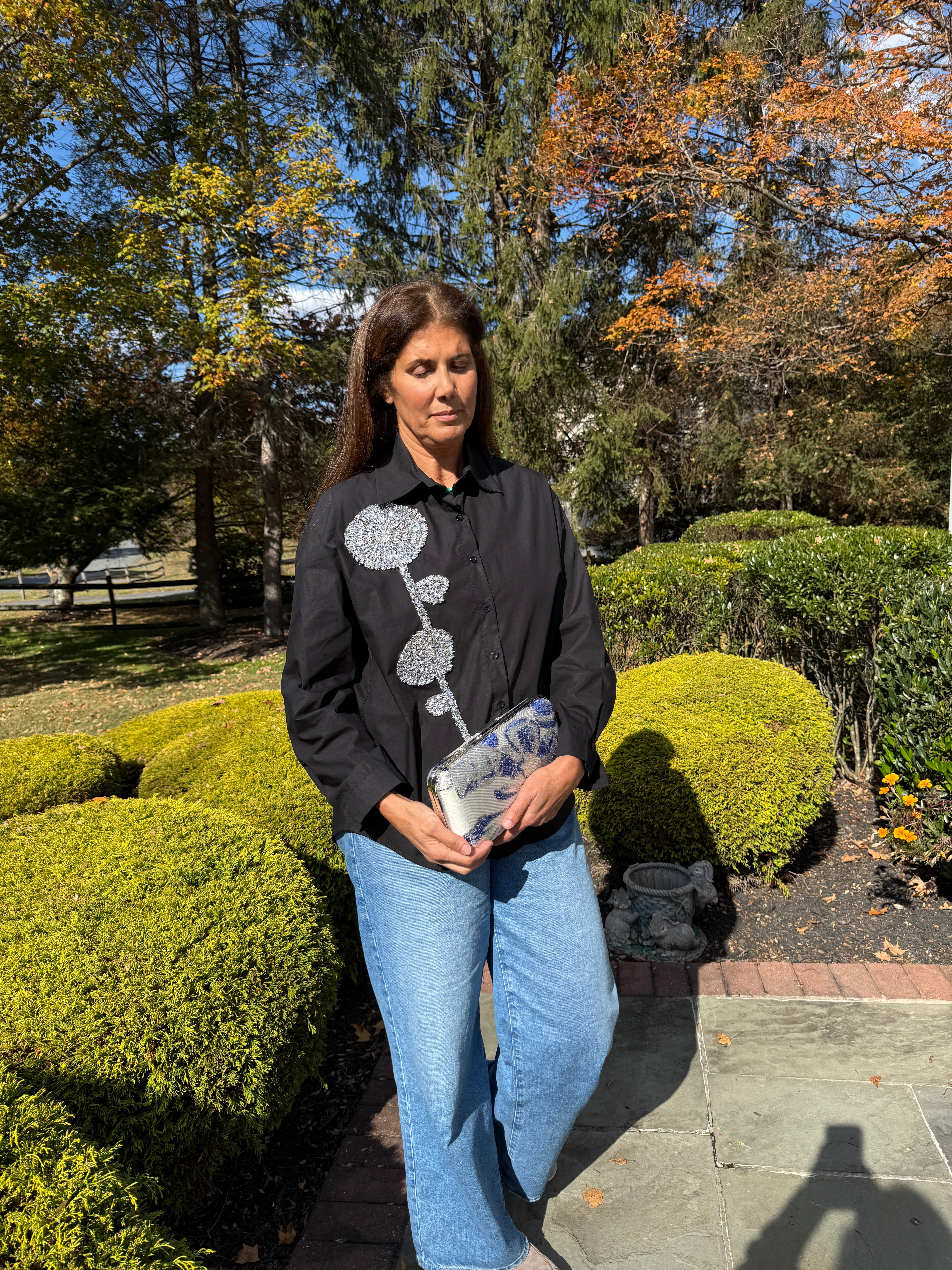 Embellished Shirt with crystal stone flower theme