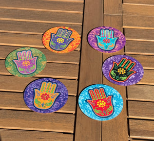 Set of Six wooden coasters hand painted multicolor Fatimah hand theme