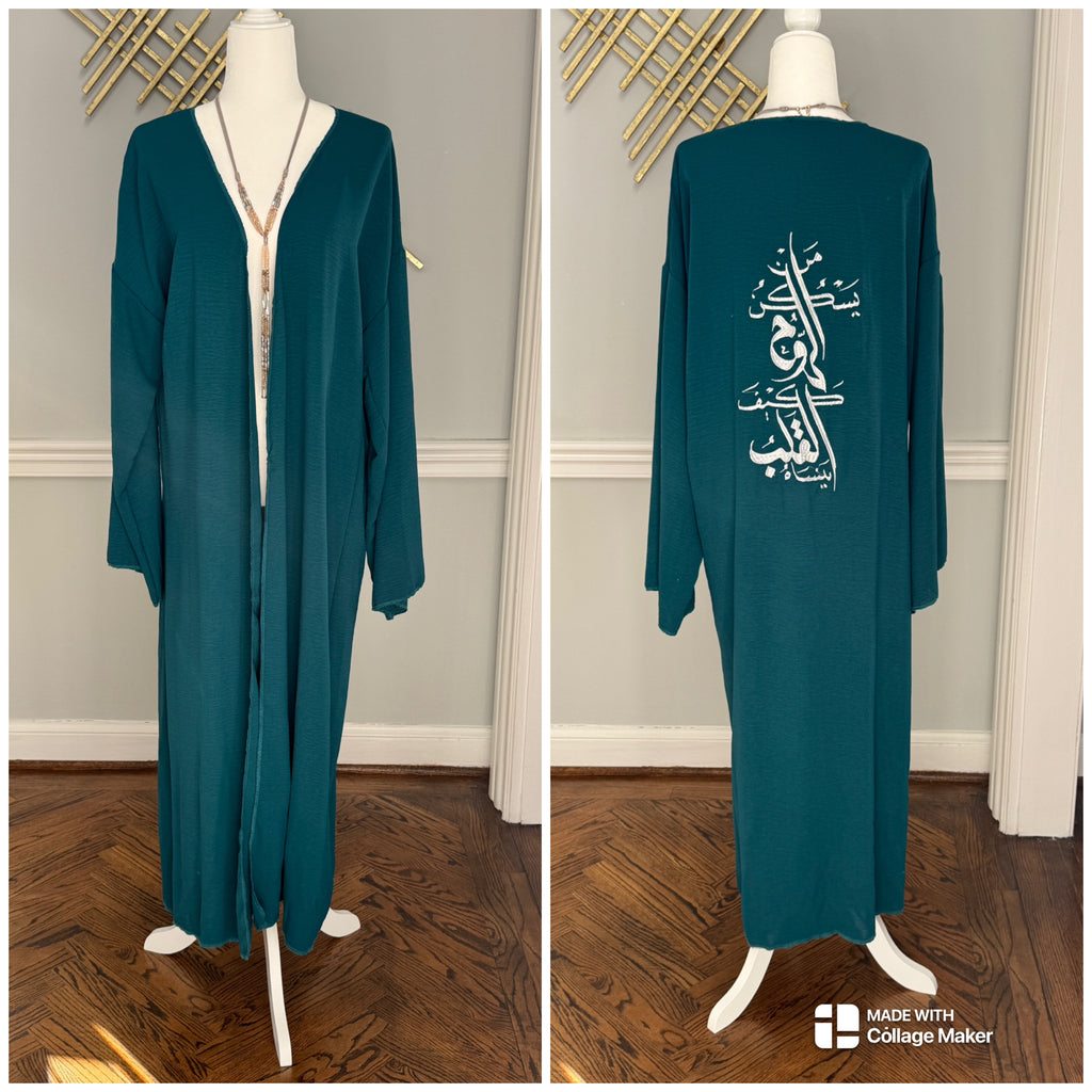 Teal Blue Open caftan embroidery Arabic Caligraphy design .