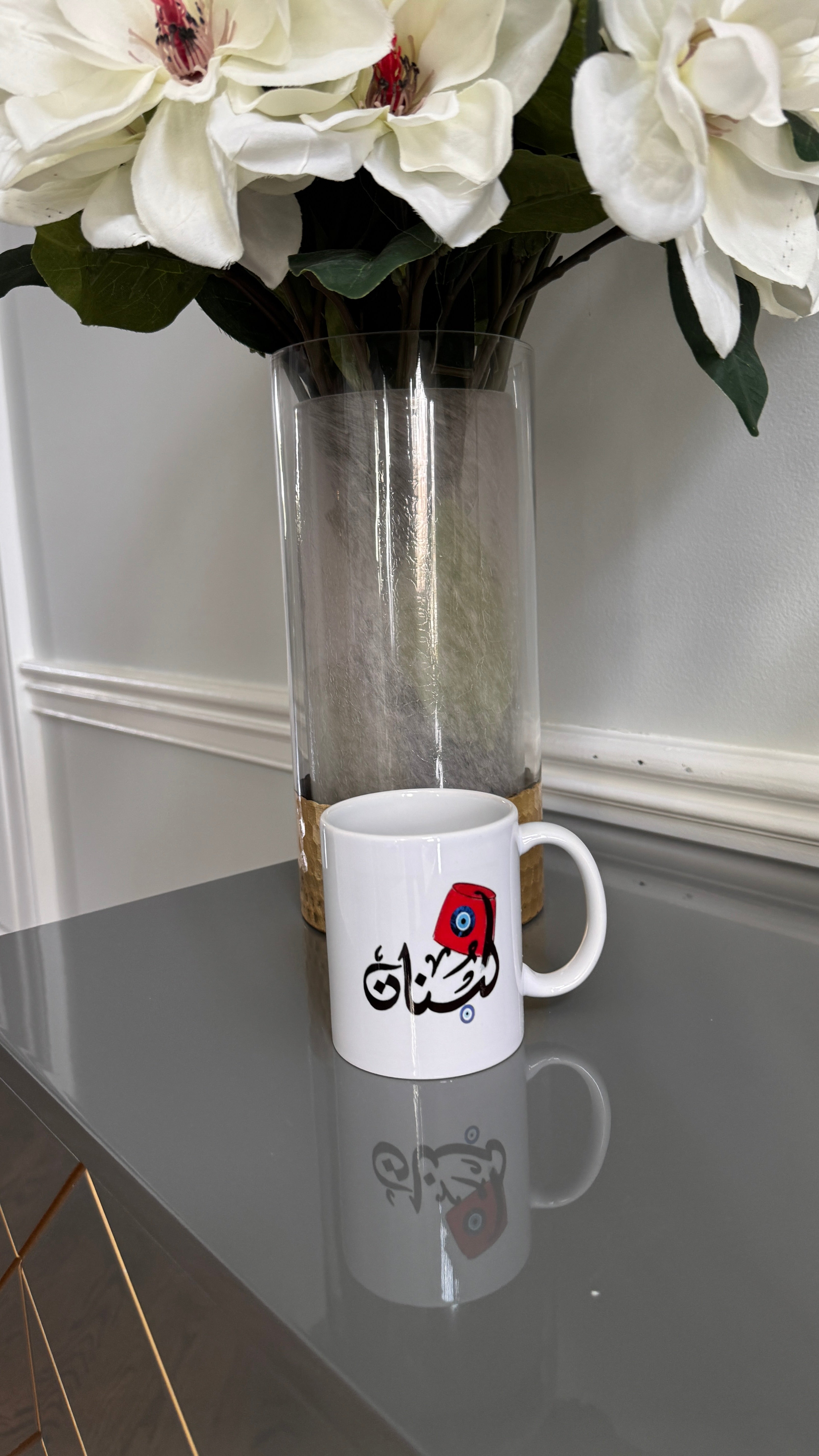 Coffee Mug designed with a Fez and Arabic calligraphy لبنان .