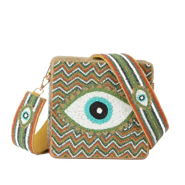 Beaded evil eye crossbody bag with evil eye beaded straps. Beaded all around