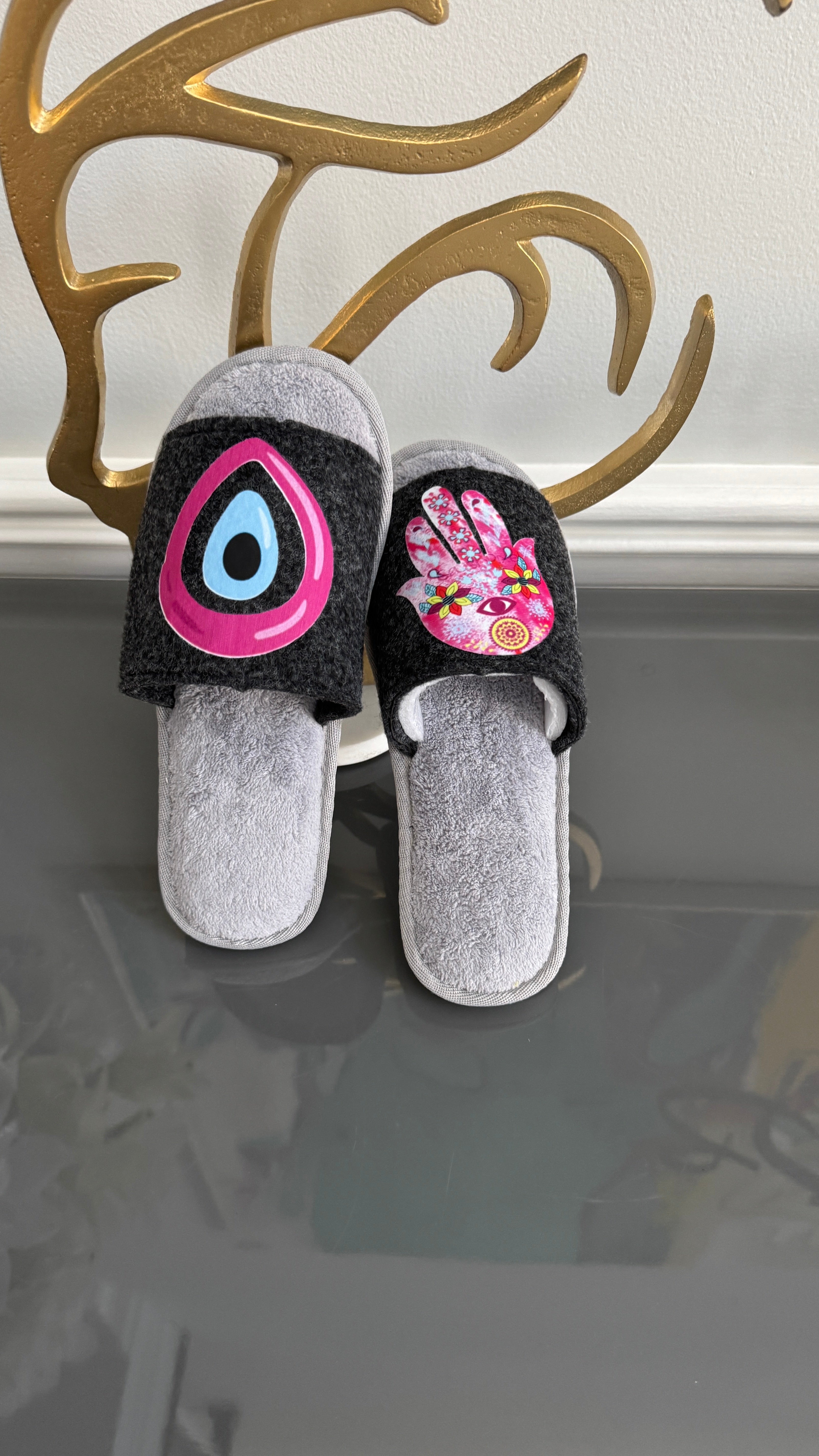 Gray Slip on Slippers. Designed with evil eye and Fatima Hand