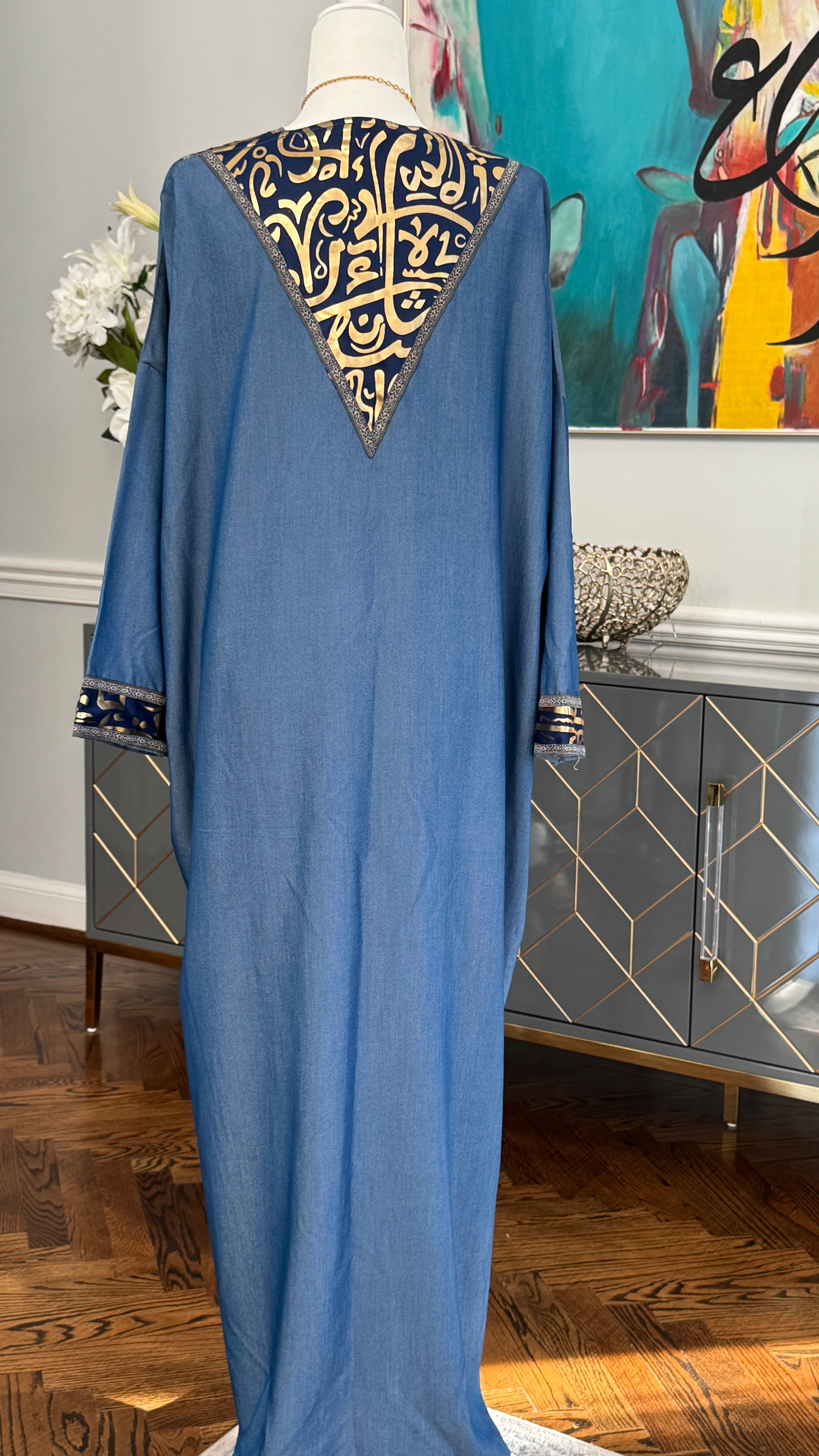 Blue Denim Open caftan embroidery Arabic Caligraphy design .