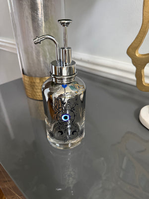 Clear Grayish Glass & Silver Soap Dispenser designed with evil eye 🧿 motif.