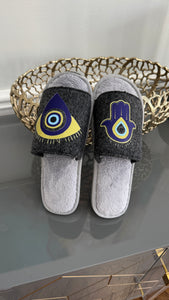 Gray Slip on Slippers. Designed with evil eye and Fatima Hand