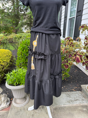 Black long Skirt , frill trim, hand painted.
