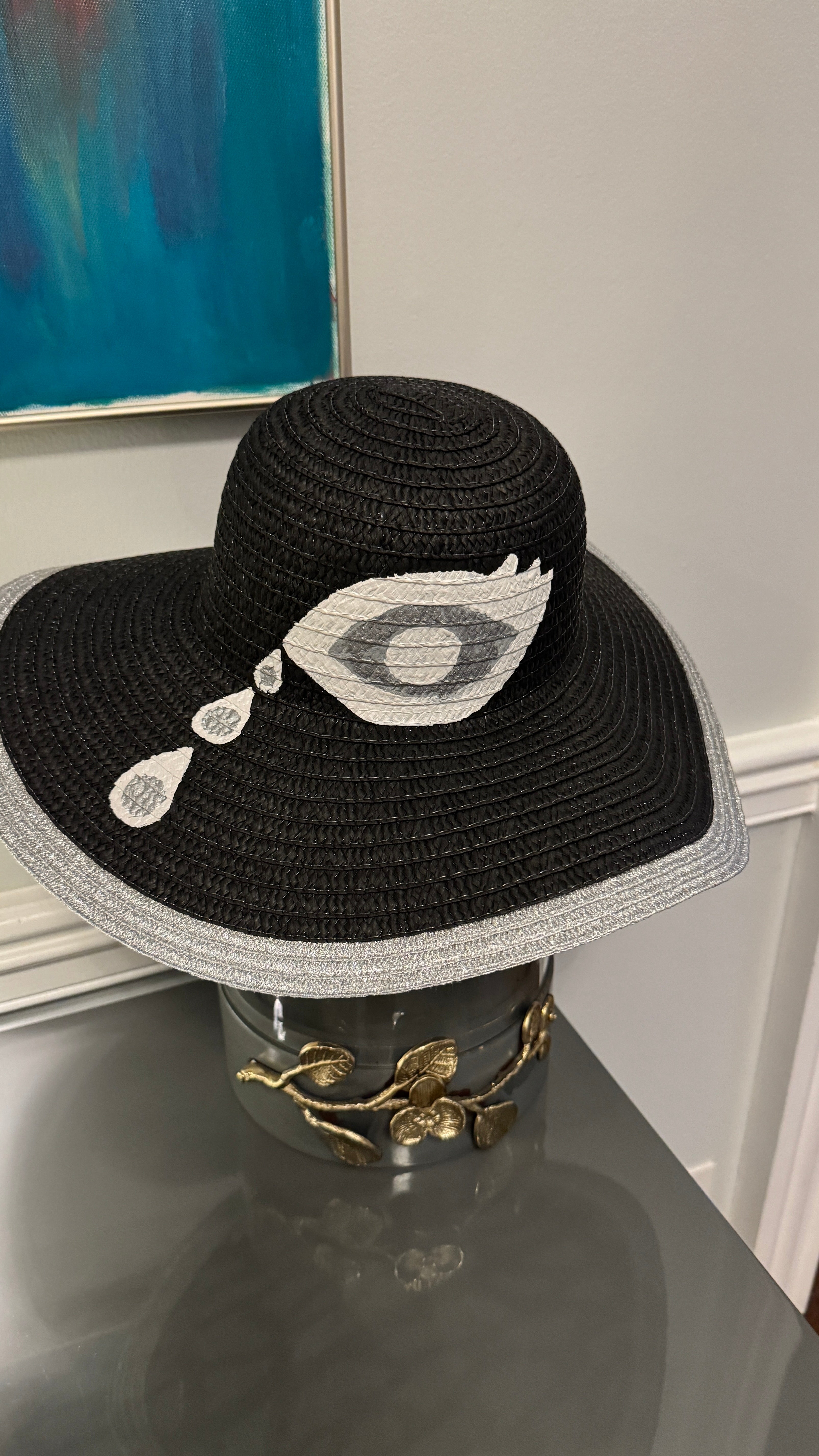 Floppy Hat Black hand painted with the evil eye
