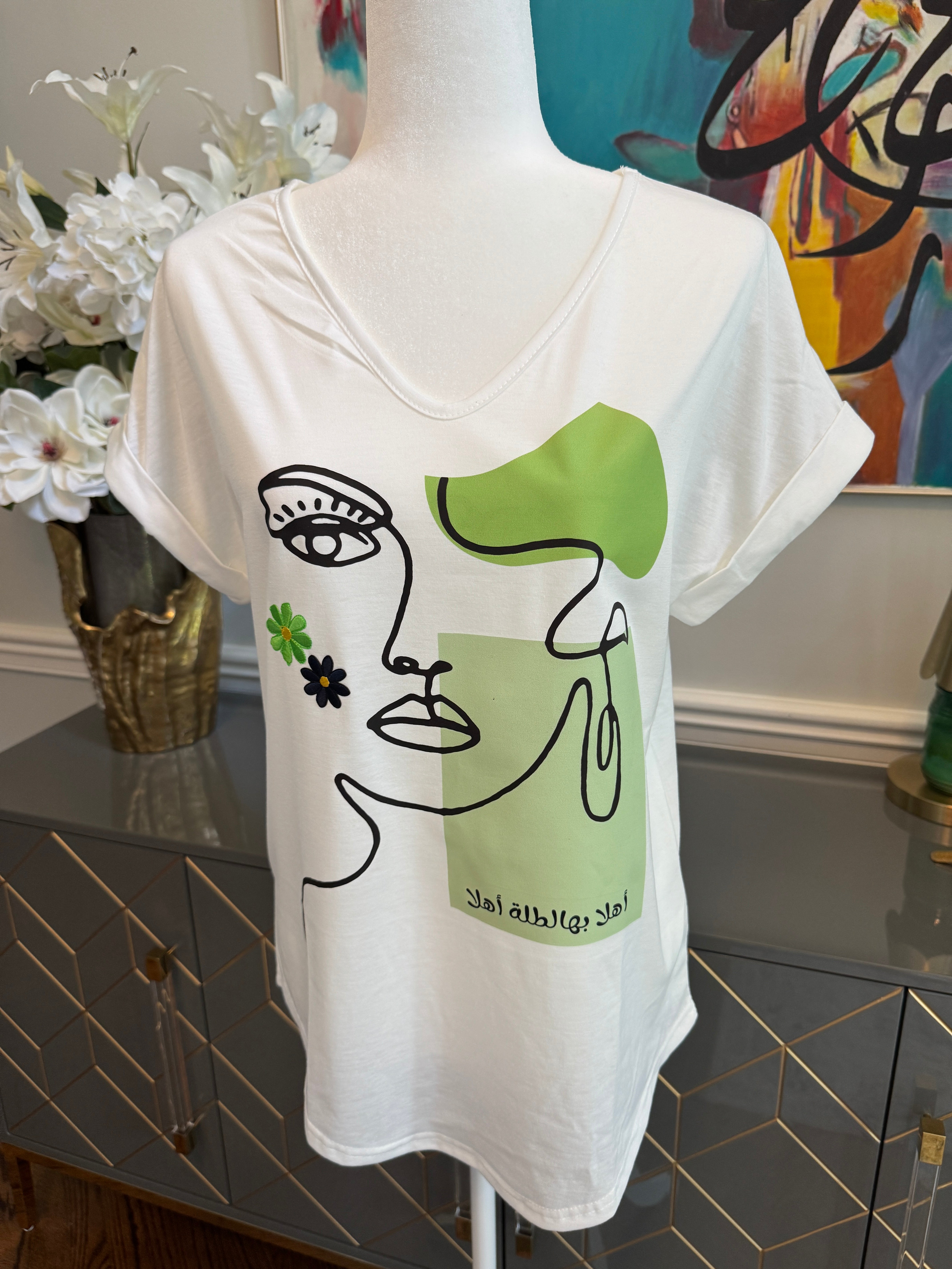 V Neck neck white shirt beauty & Arabic caligraphy Design اهلا بها الطلة اهلا