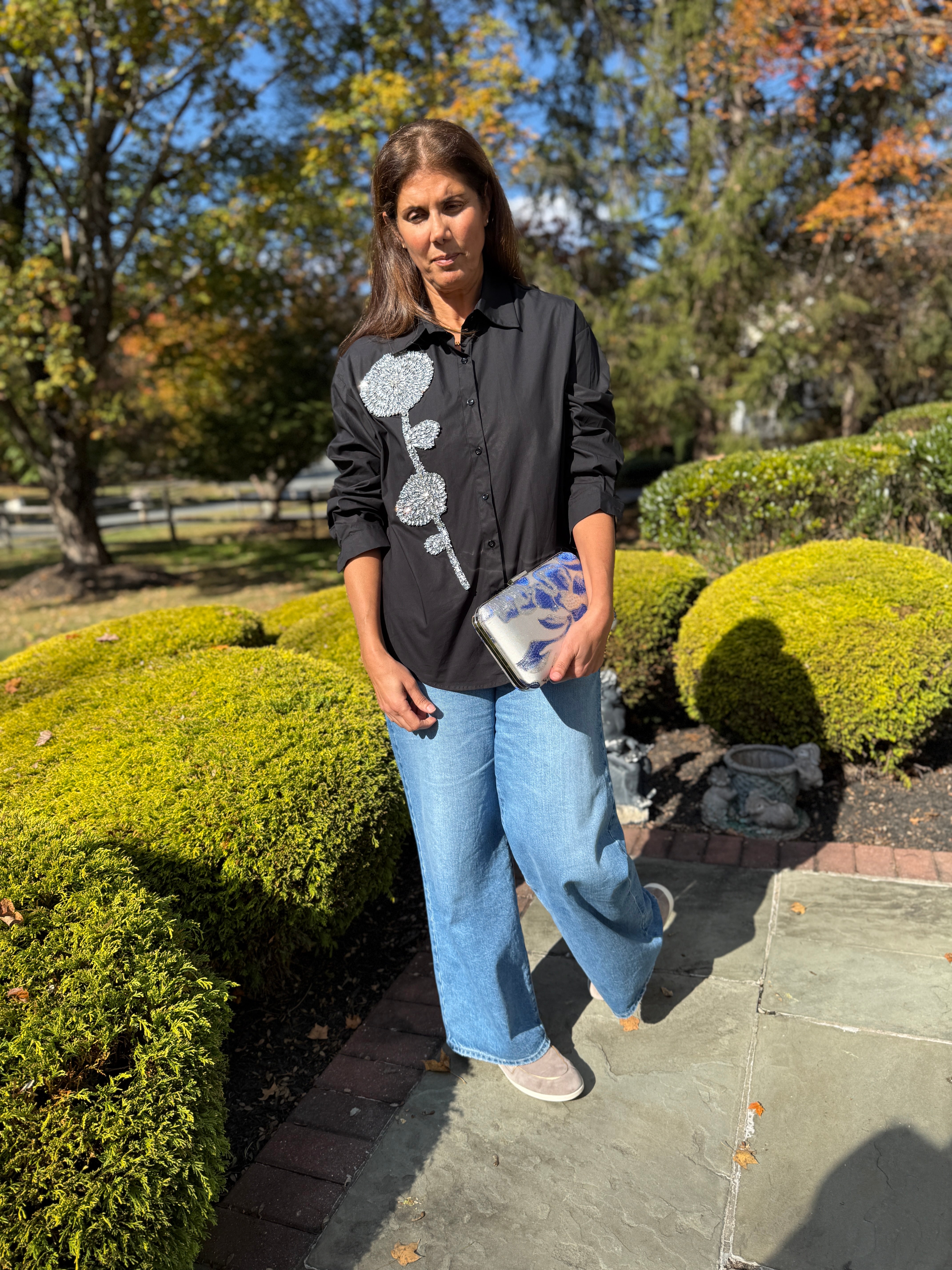Embellished Shirt with crystal stone flower theme