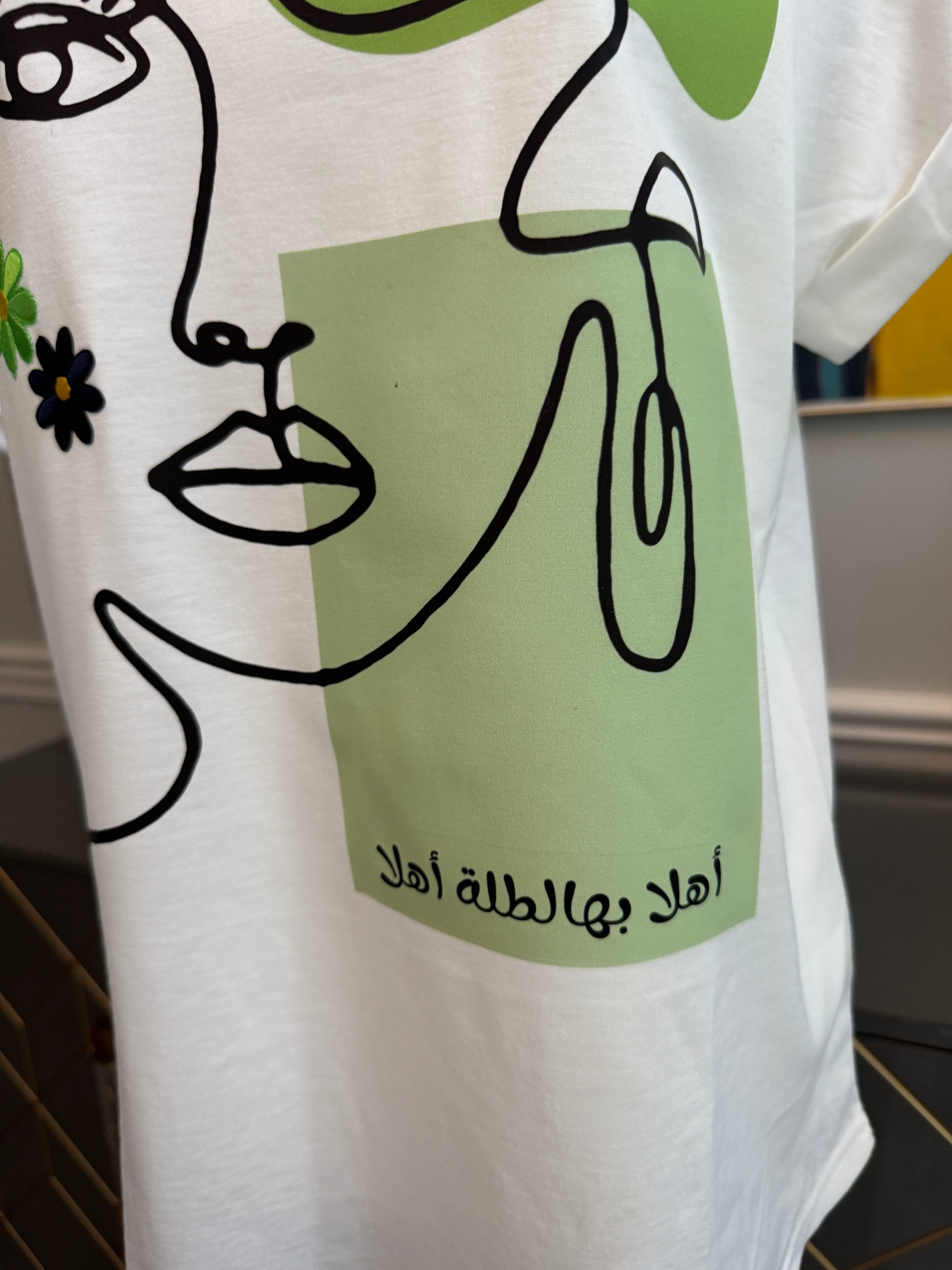 V Neck neck white shirt beauty & Arabic caligraphy Design اهلا بها الطلة اهلا